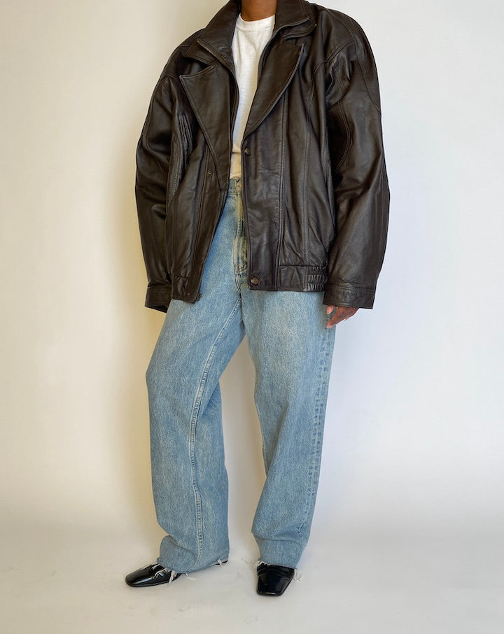 VINTAGE OVERSIZED DARK BROWN BOMBER-LIKE LEATHER JACKET 4520