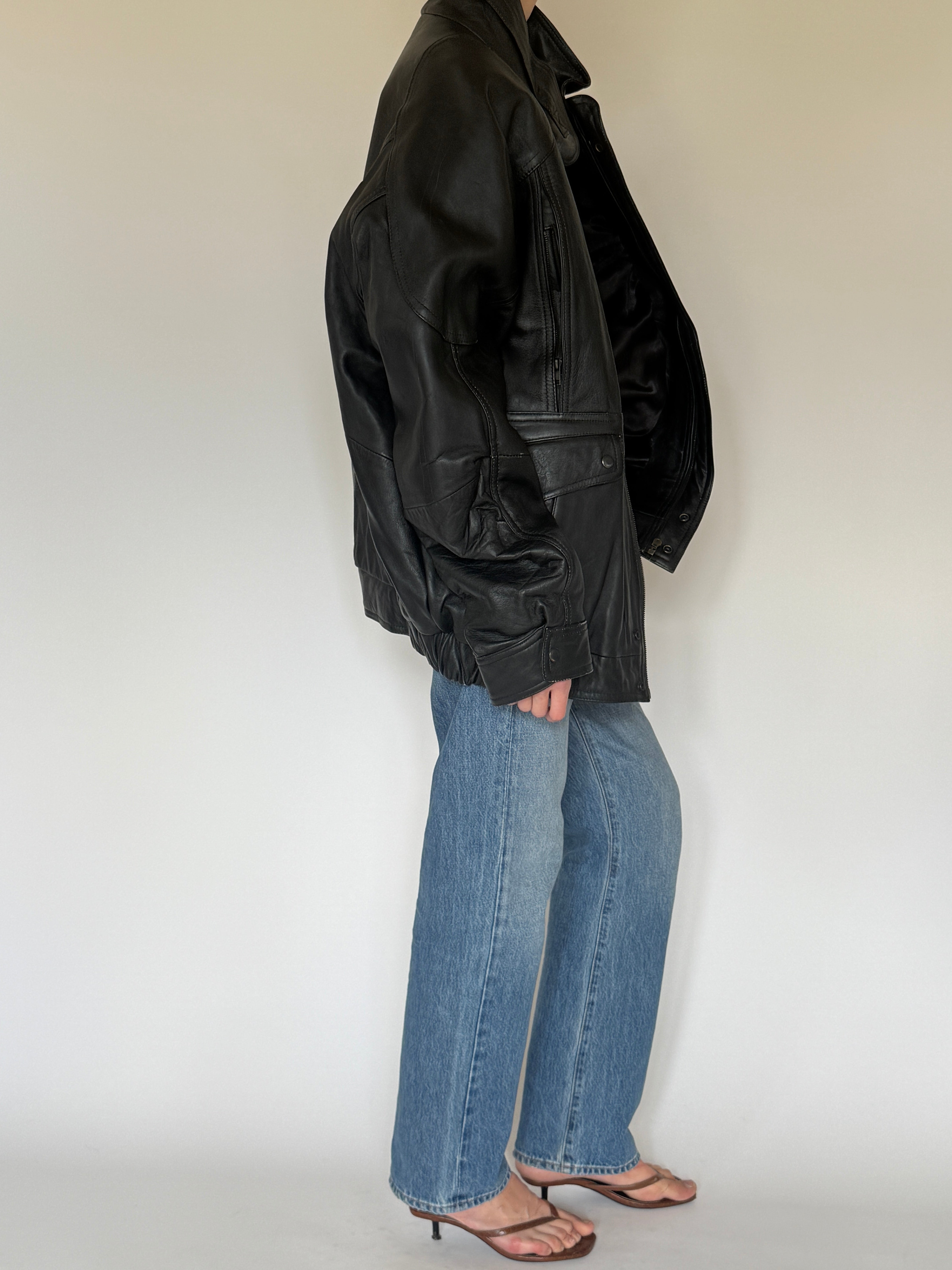 Vintage oversized leather jacket black side view