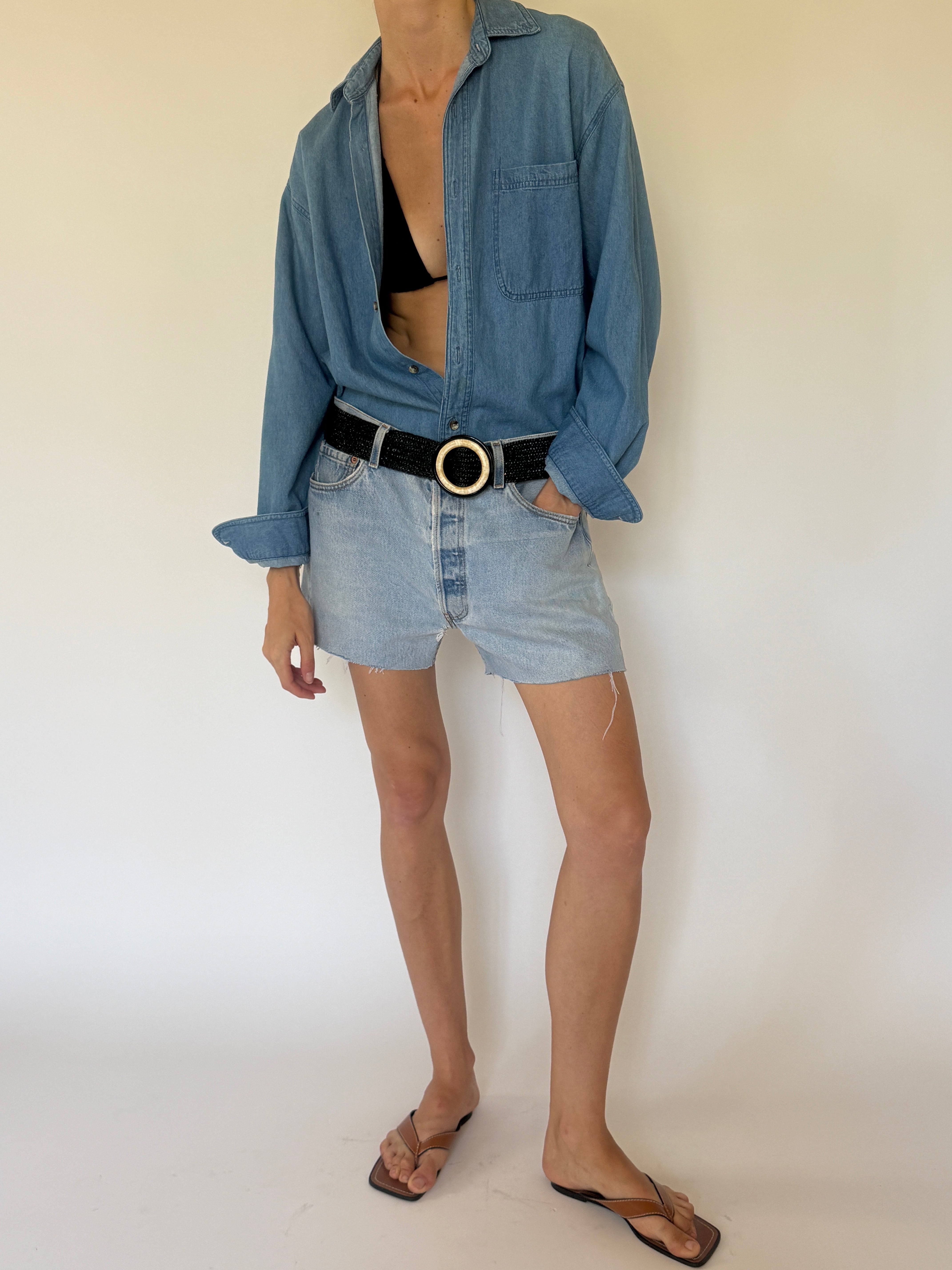 Vintage oversized blue denim shirt front view