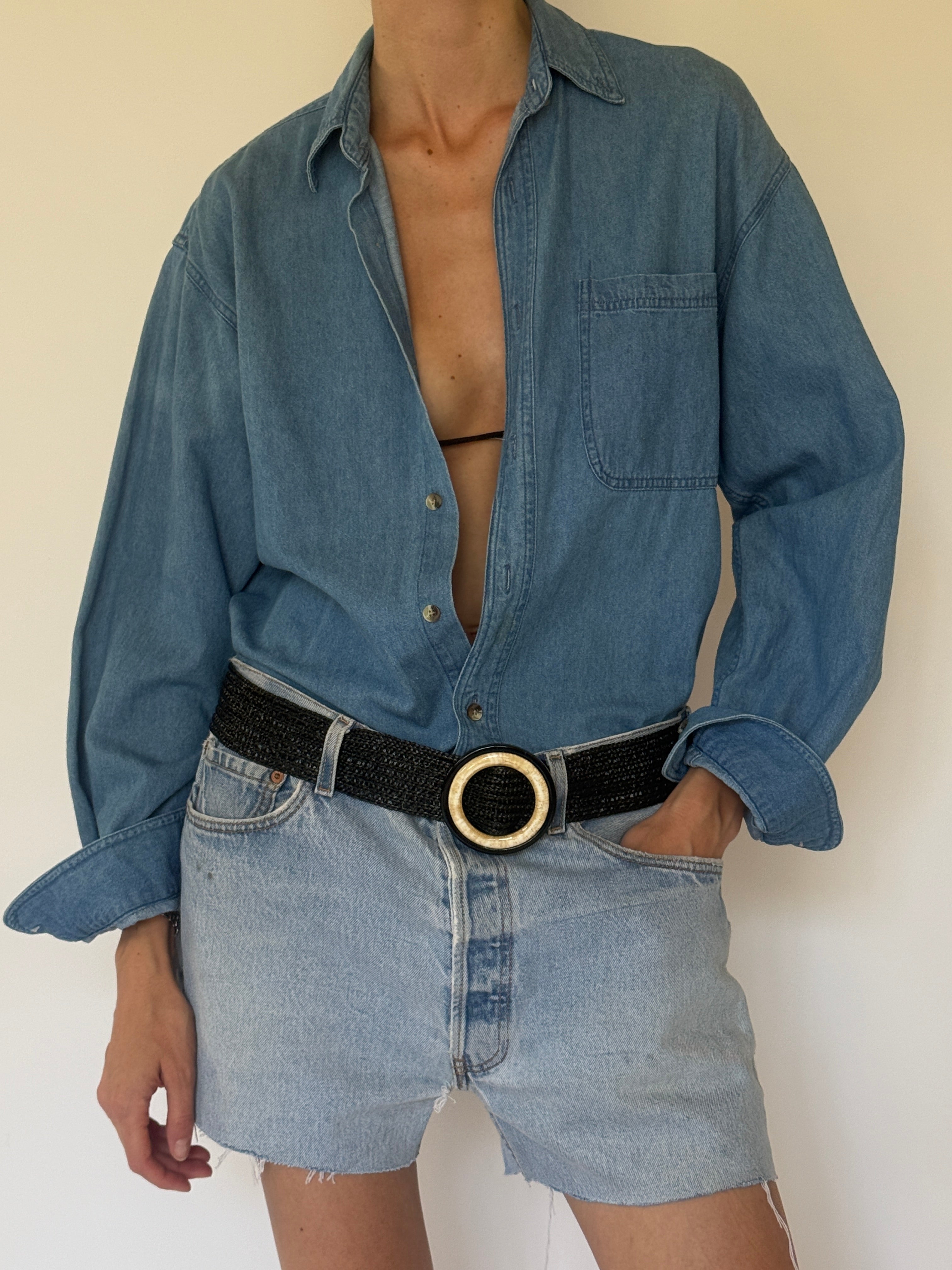 Vintage oversized blue denim shirt front view