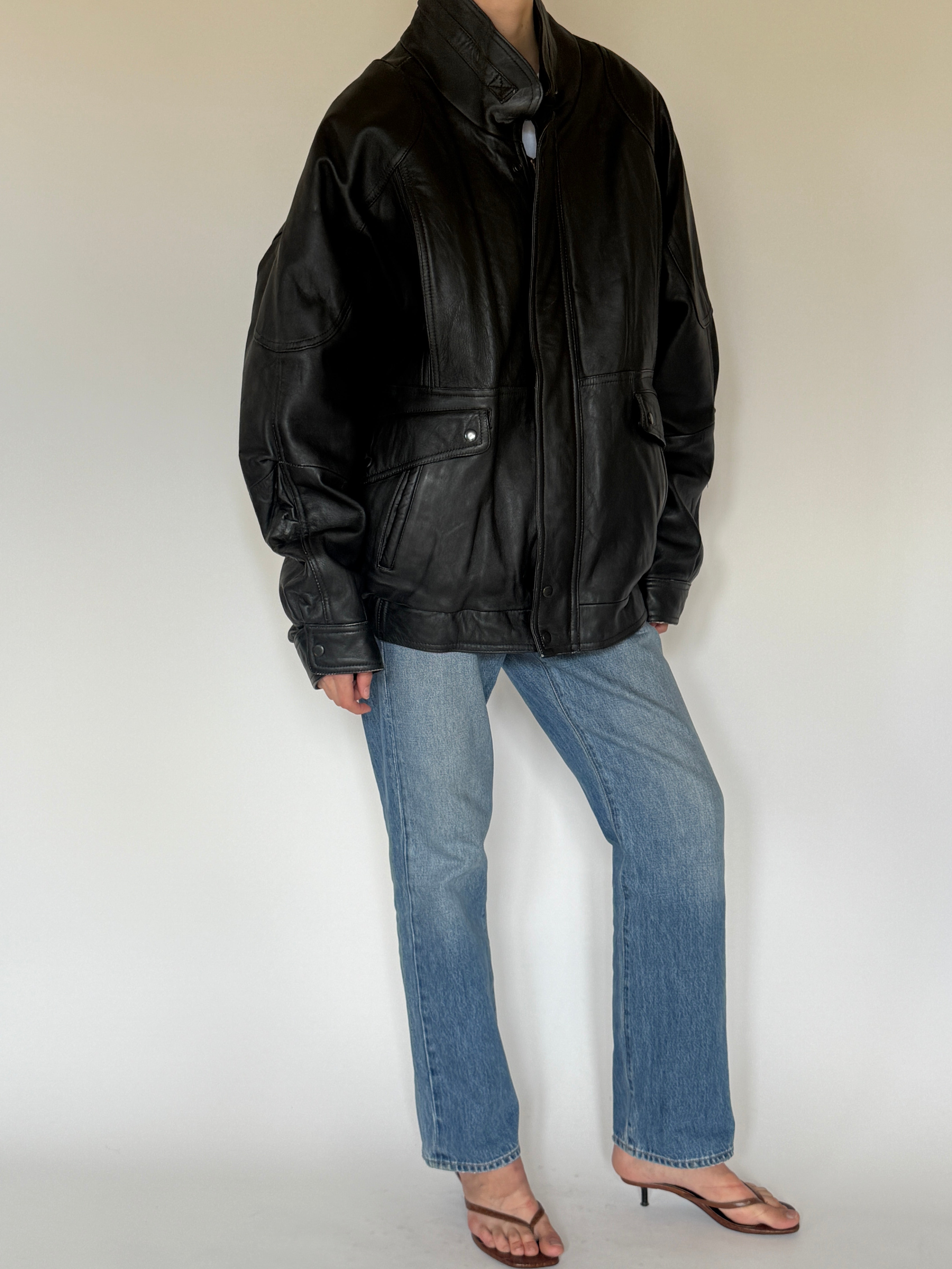 Vintage oversized leather jacket black cuff snap detail