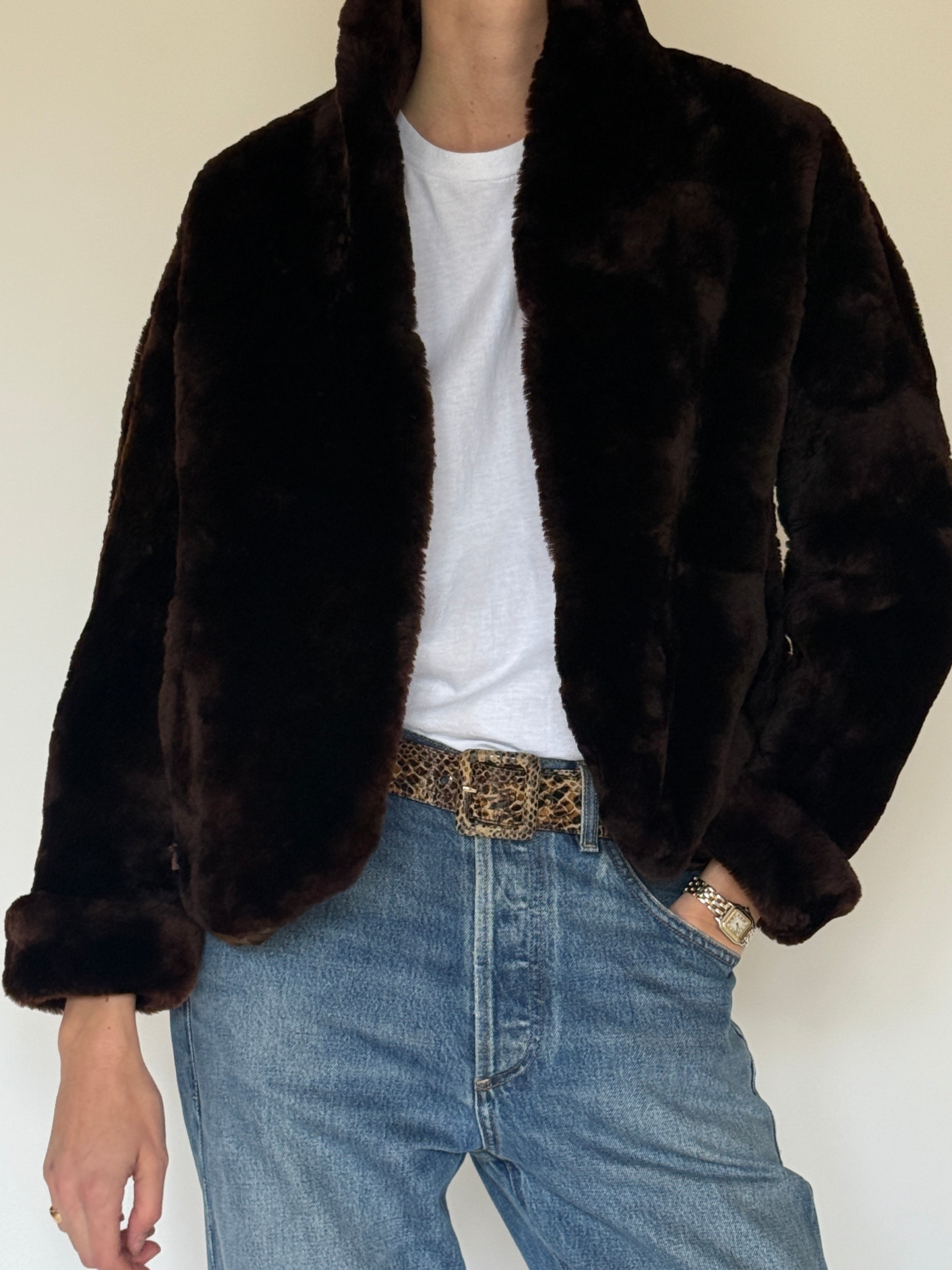 Vintage cropped faux fur jacket with high collar