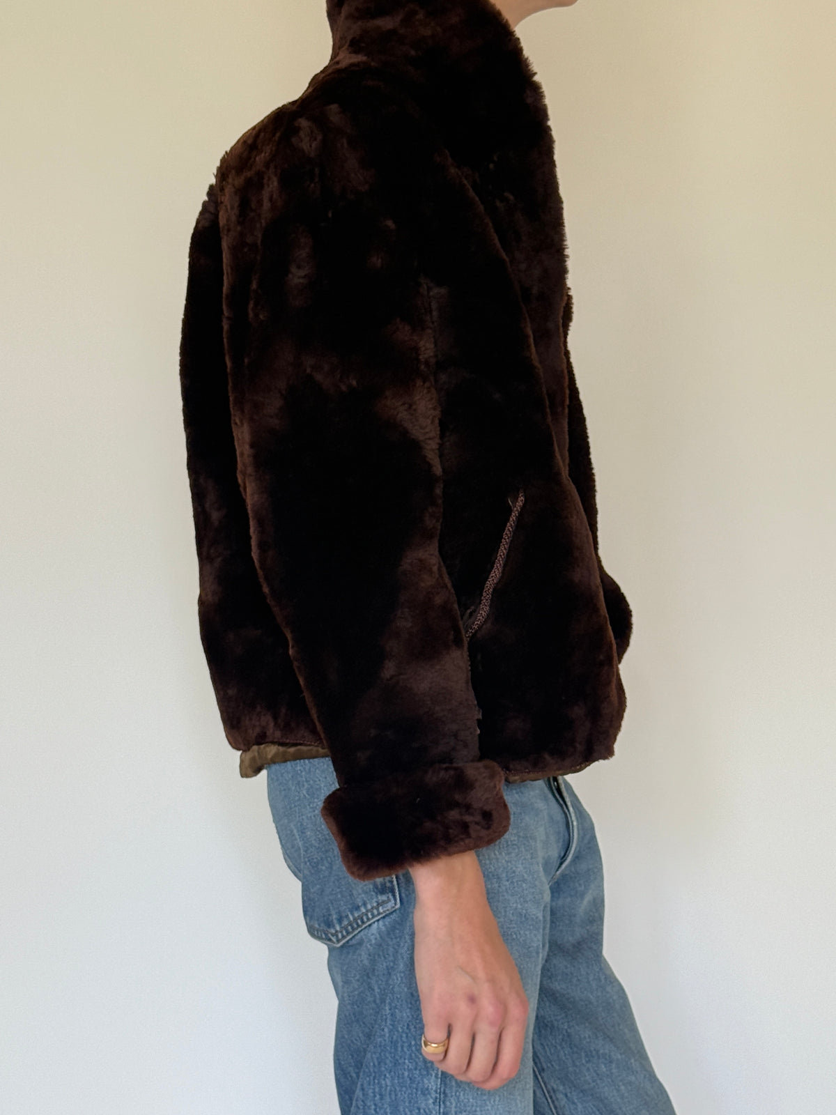 Vintage chocolate brown faux fur jacket side view