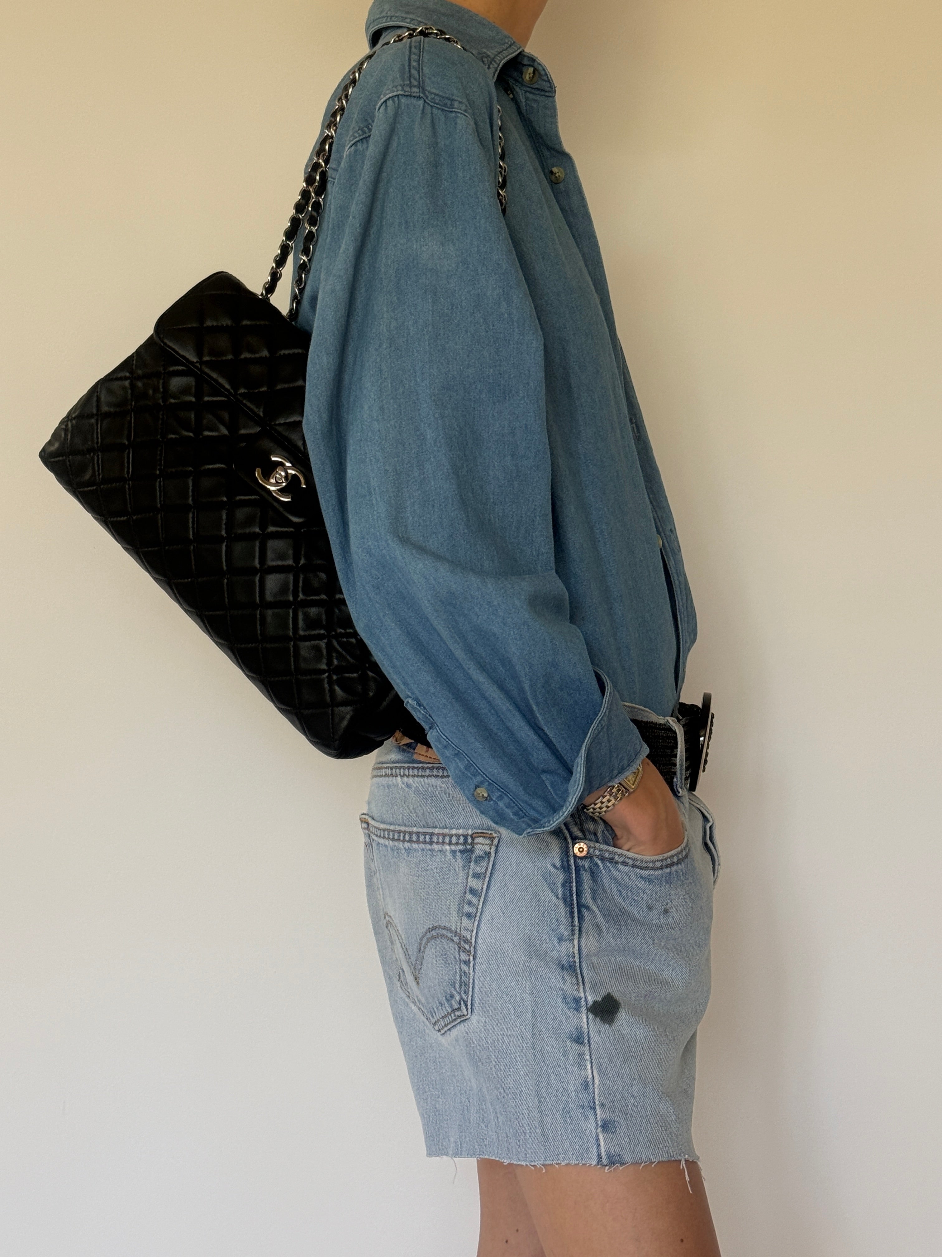 Vintage oversized blue denim shirt side view