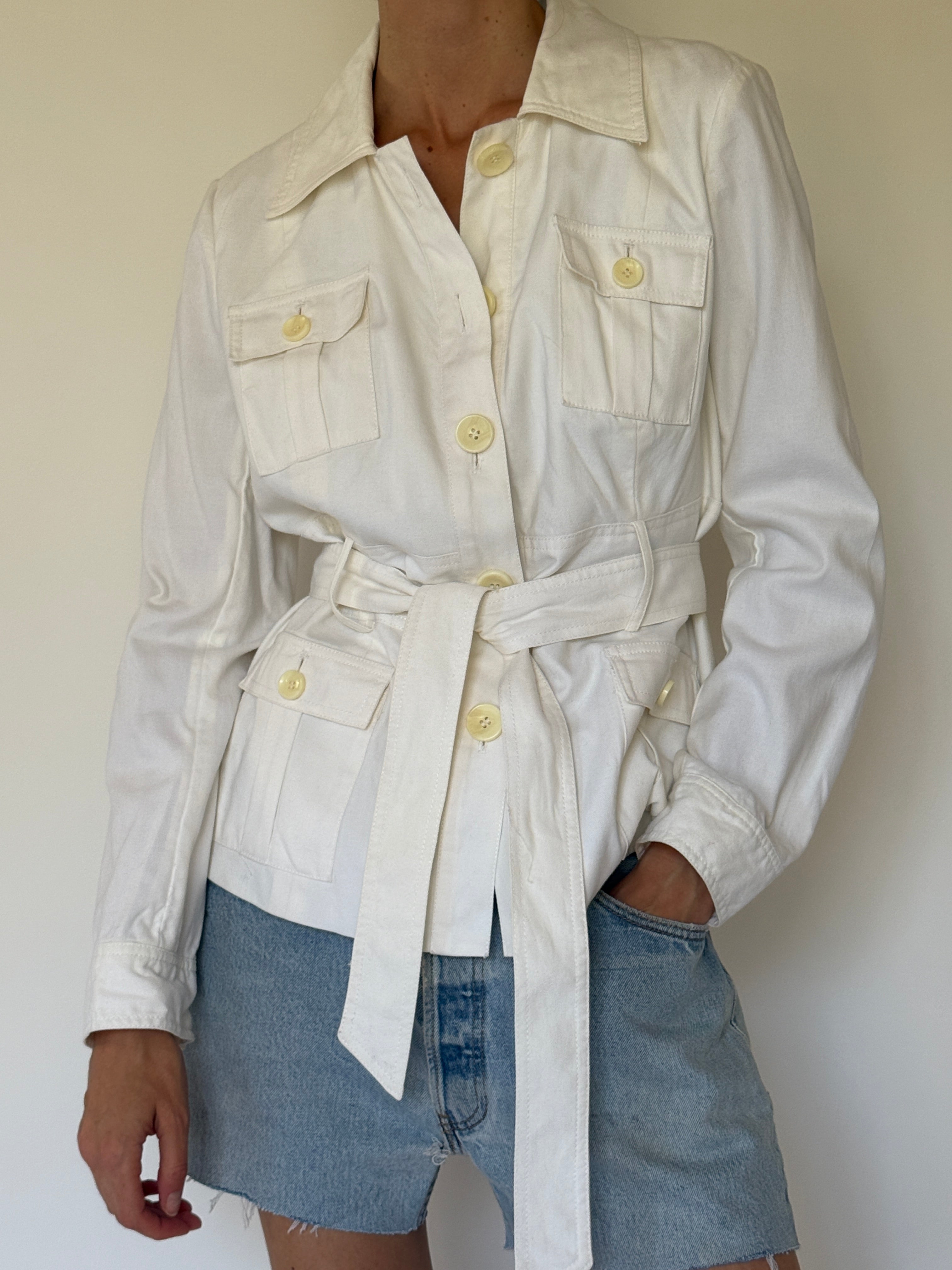 Vintage white belted utility jacket front view
