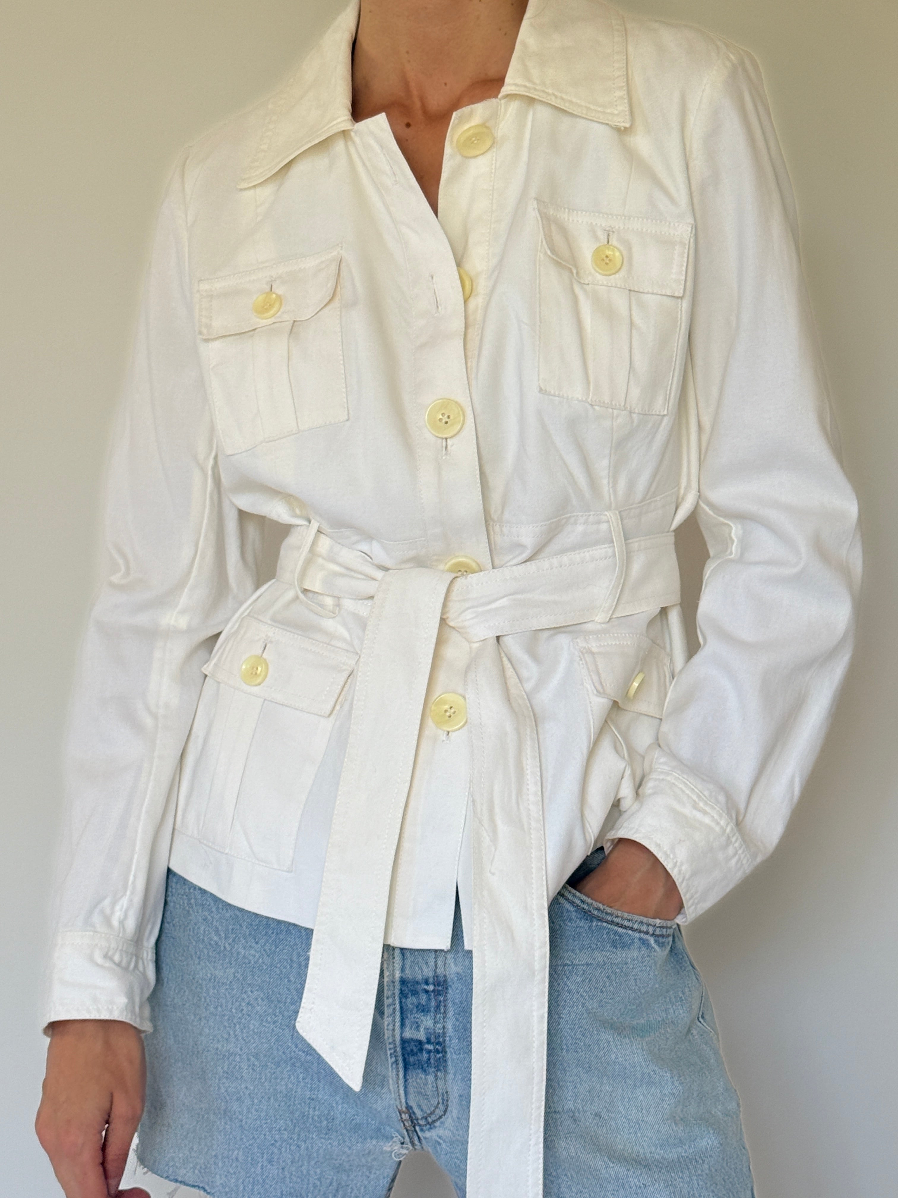 Vintage white belted utility jacket front view