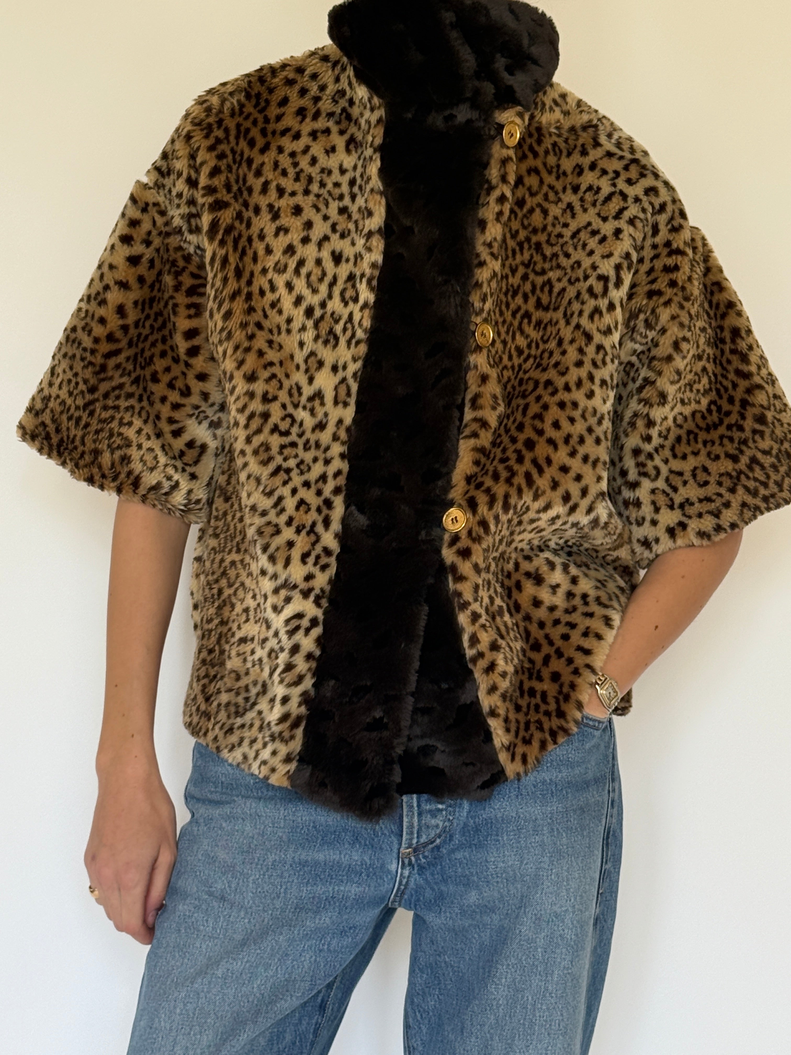 Vintage leopard faux fur jacket front view