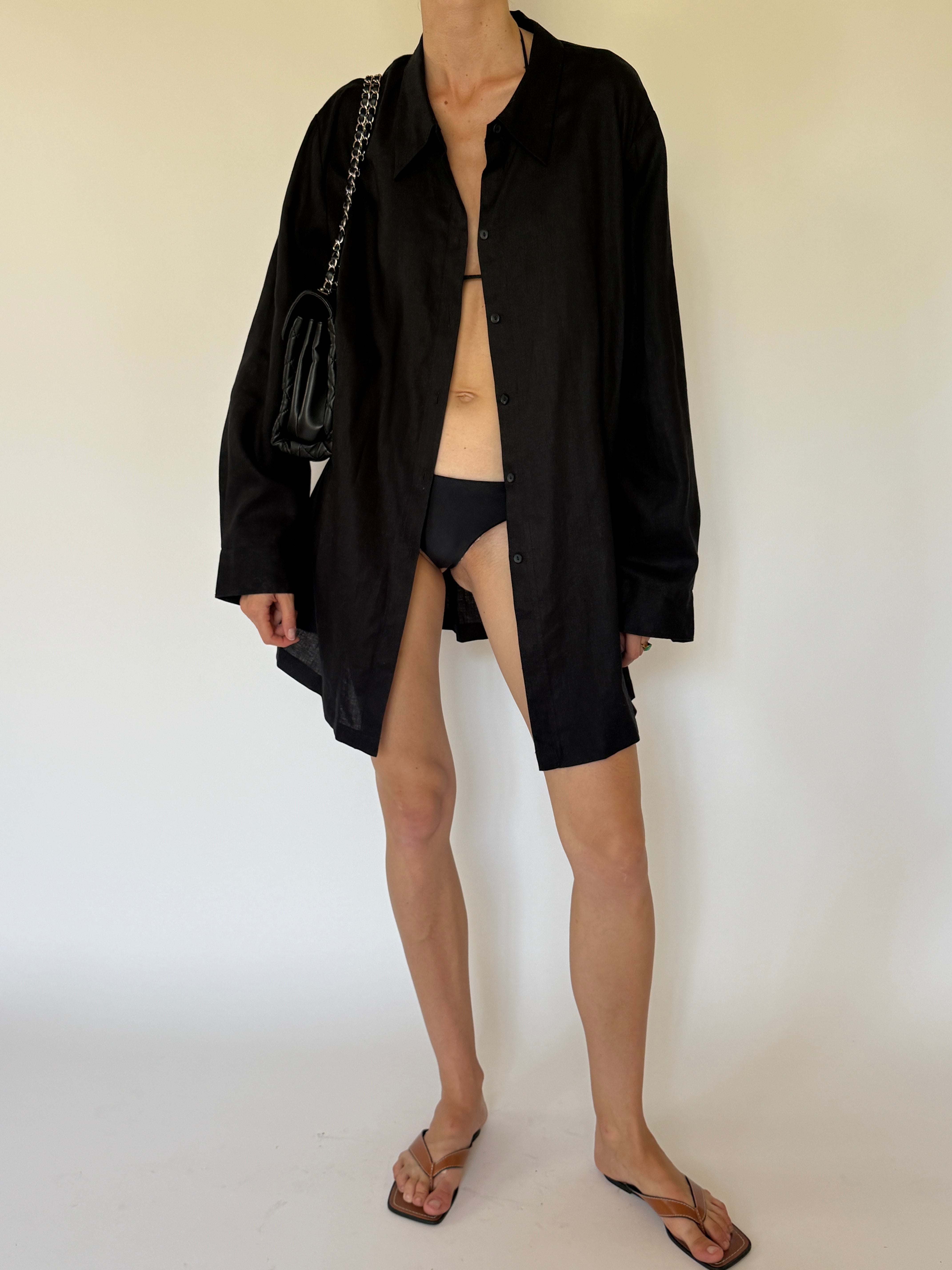 Vintage structured black shirt dress swim cover-up front view