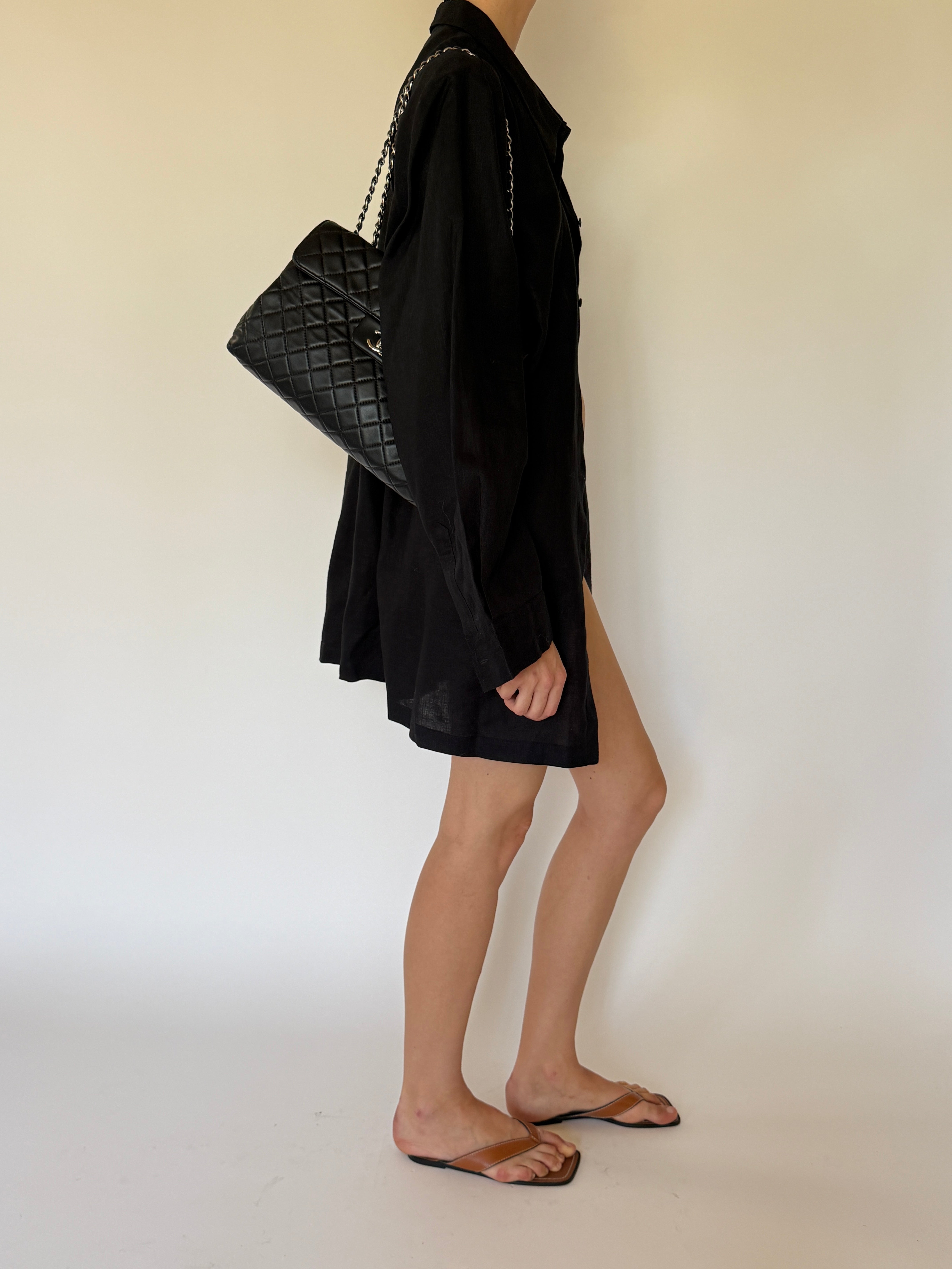 Vintage structured black shirt dress swim cover-up side view