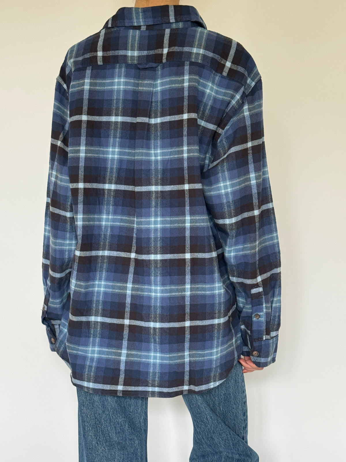 Vintage blue plaid flannel shirt back view