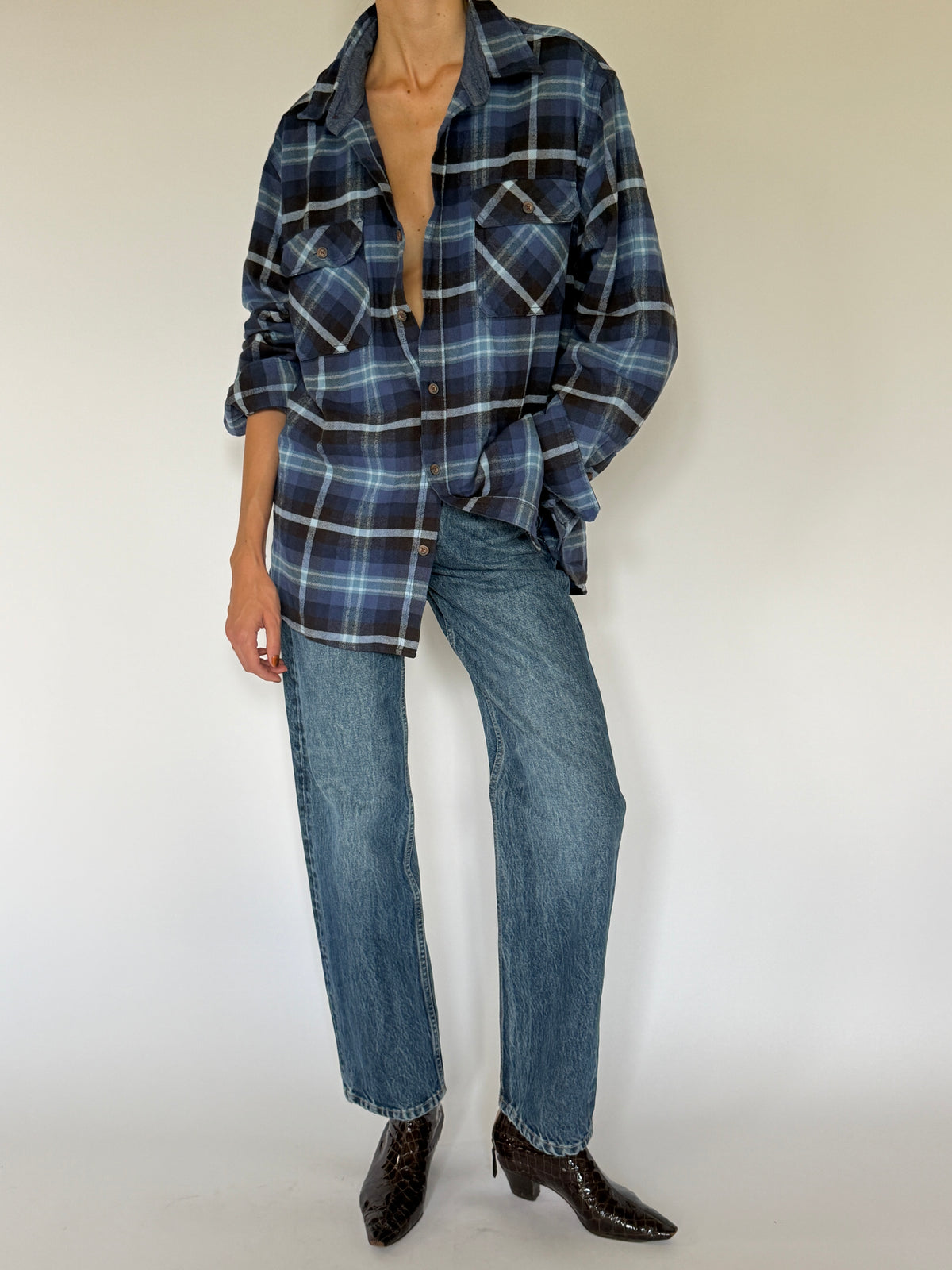 Vintage blue plaid flannel shirt front view