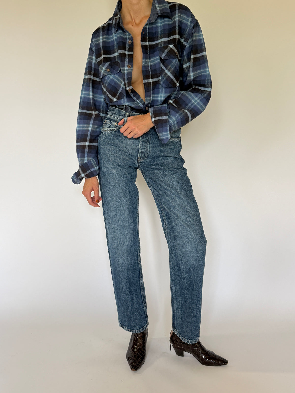 Vintage blue plaid flannel shirt front view