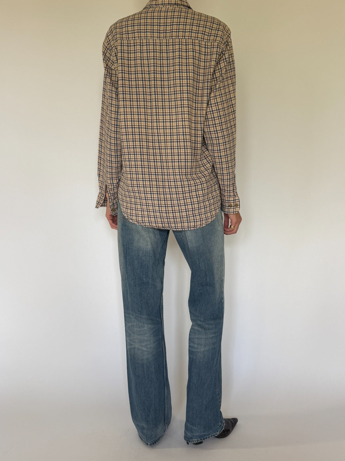 Vintage plaid cotton shirt front view in beige brown and navy
