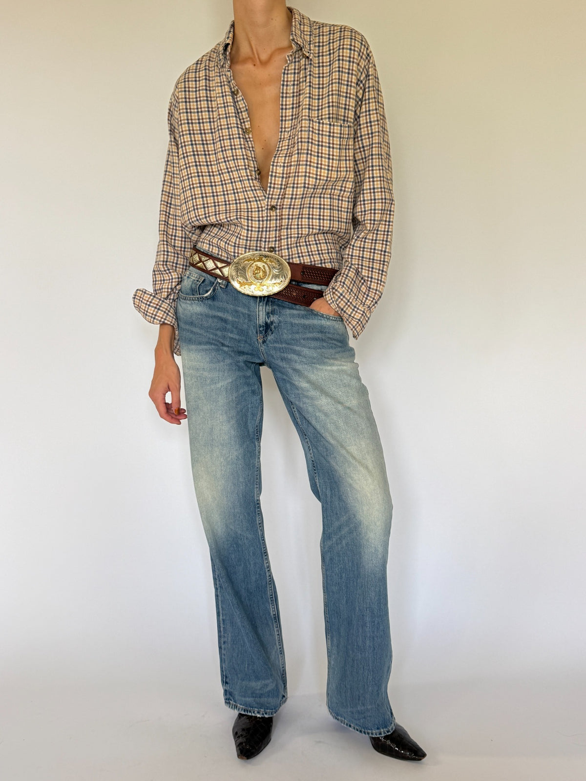 Vintage plaid cotton shirt front styling view
