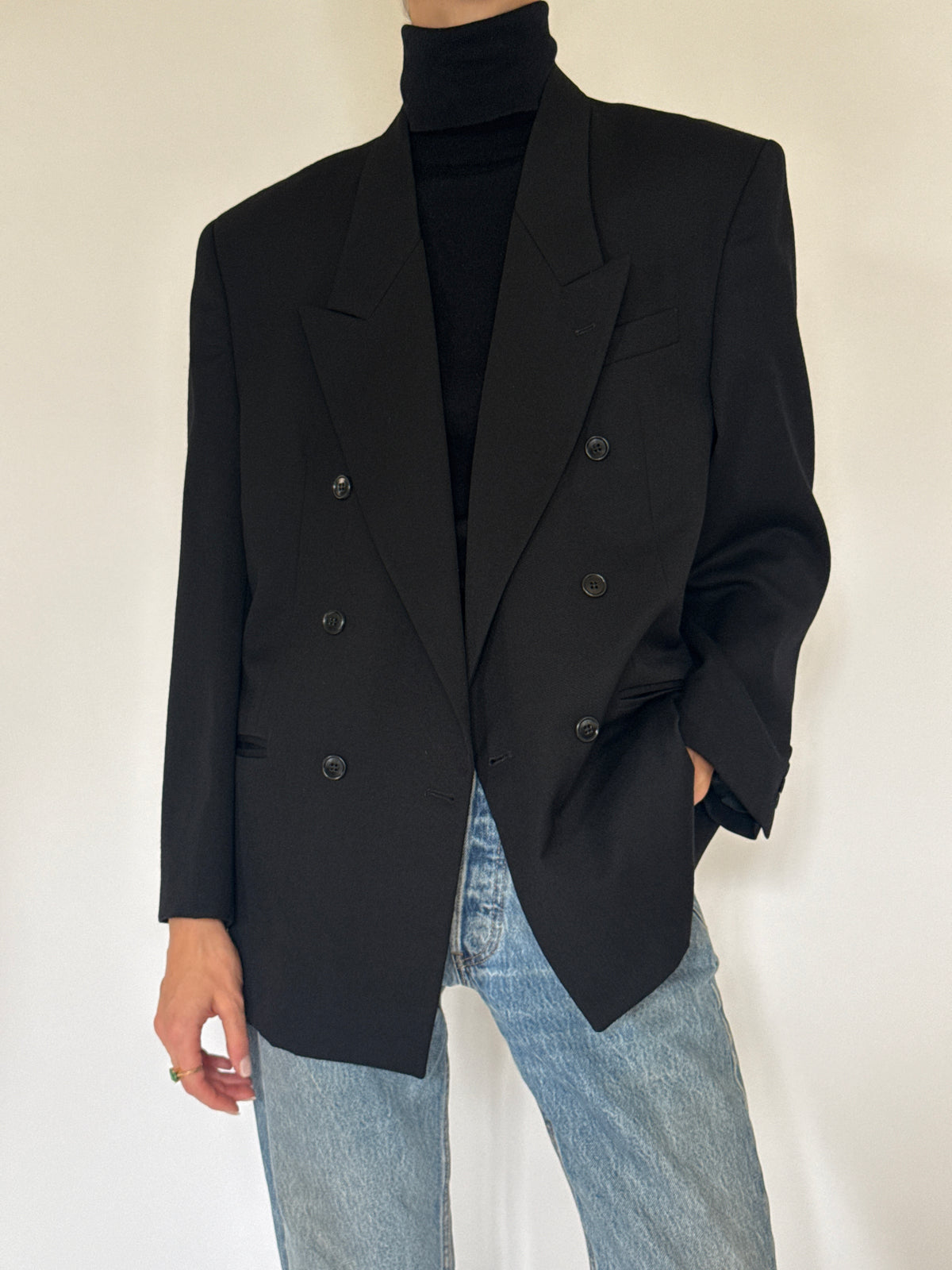 Vintage Double-Breasted 100% Wool Blazer Black 7229