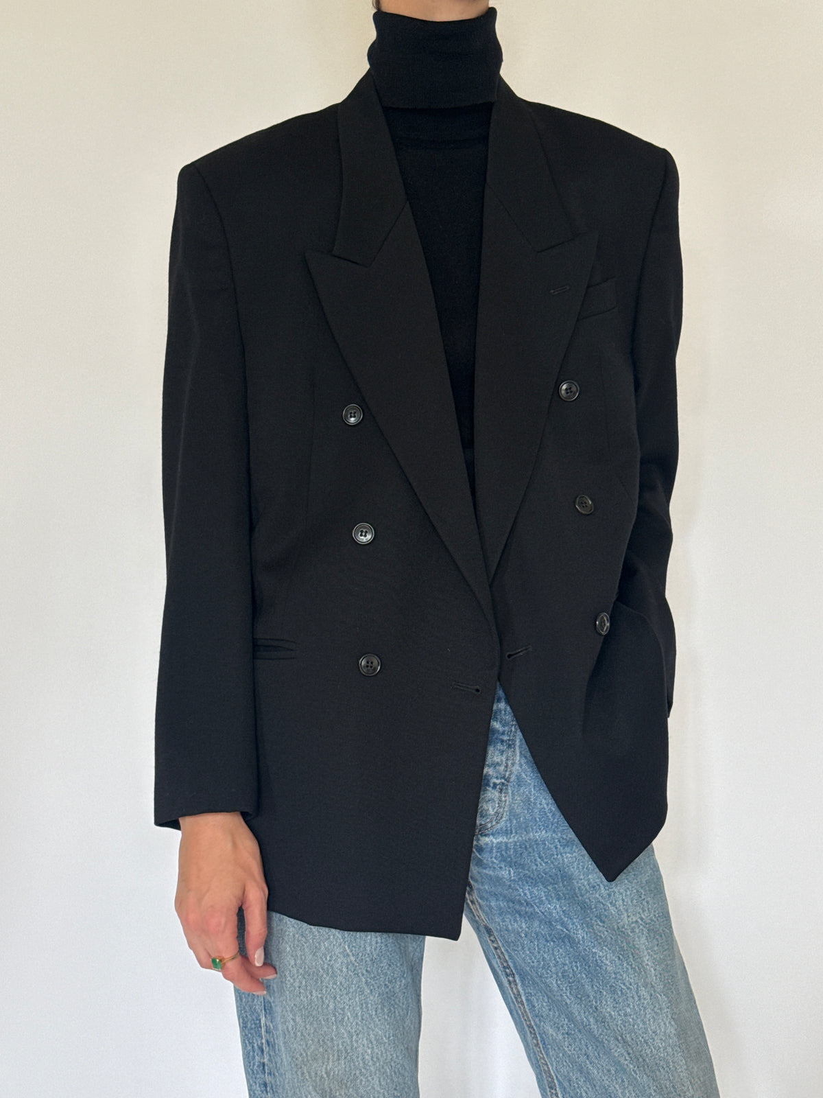Vintage Double-Breasted 100% Wool Blazer Black 7229