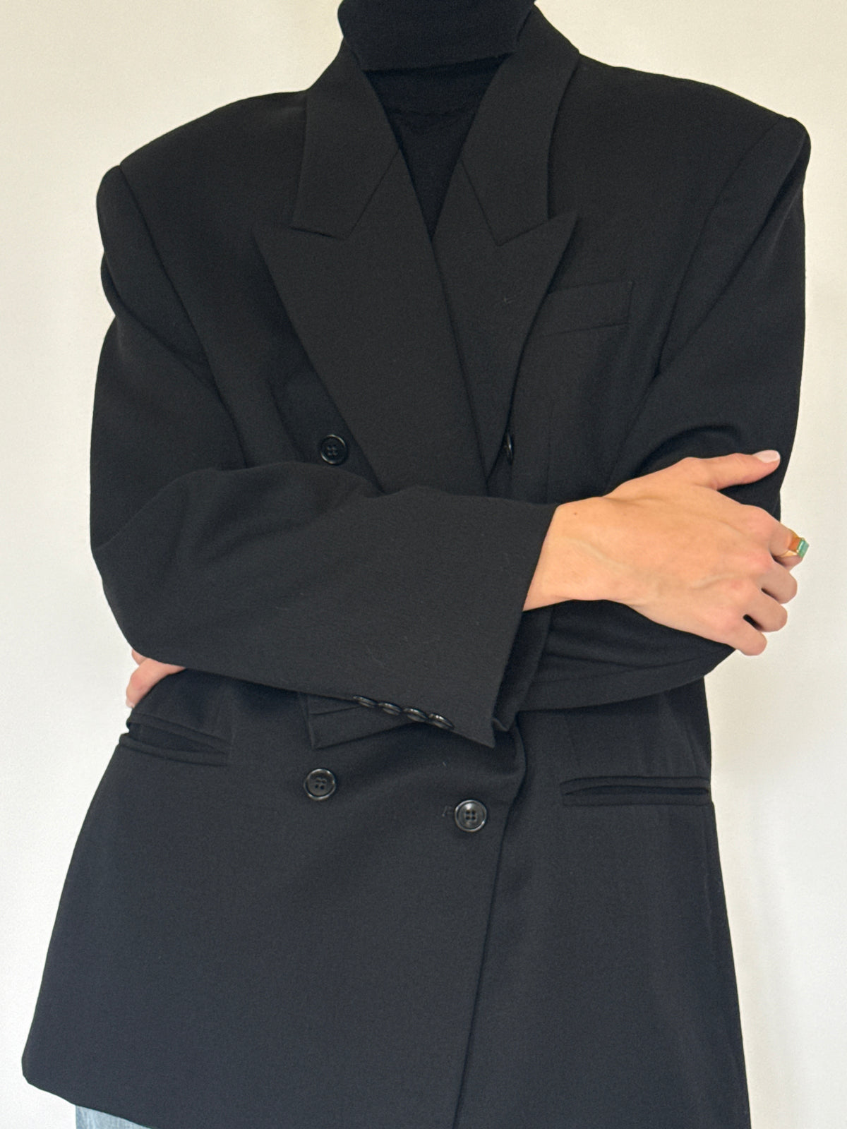 Vintage Double-Breasted 100% Wool Blazer Black 7229