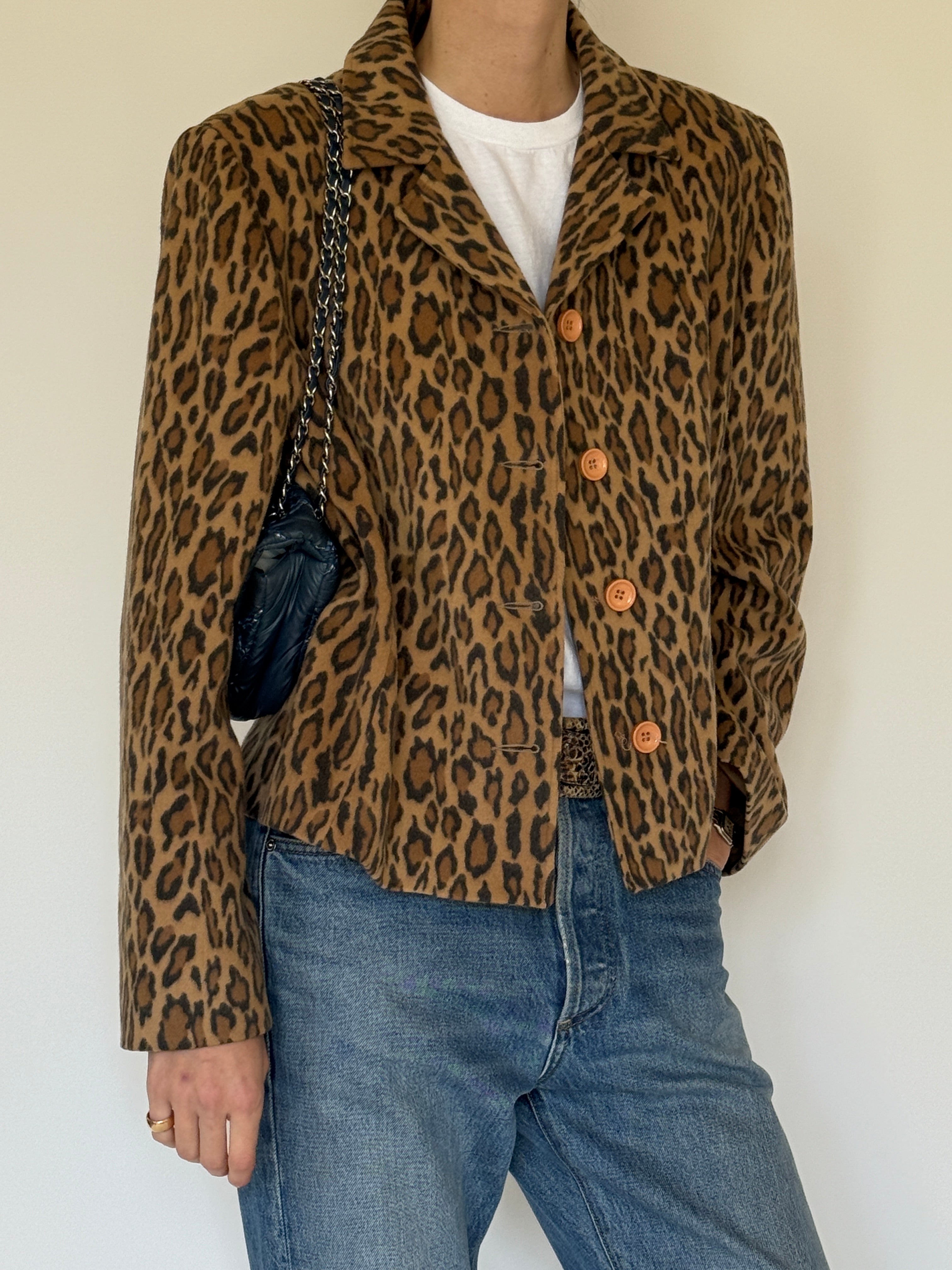 Vintage leopard print cashmere wool blend jacket button detail