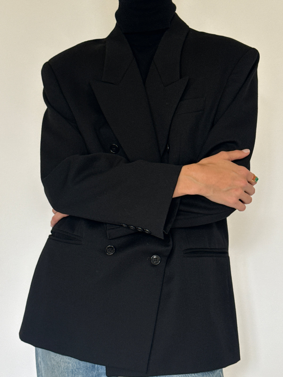 Vintage Double-Breasted 100% Wool Blazer Black 7229
