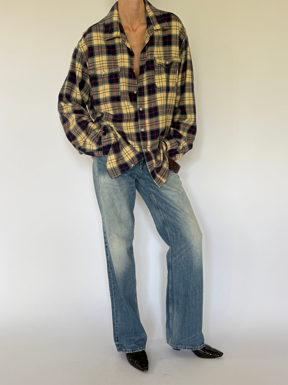 Vintage yellow plaid flannel shirt front view with oversized silhouette
