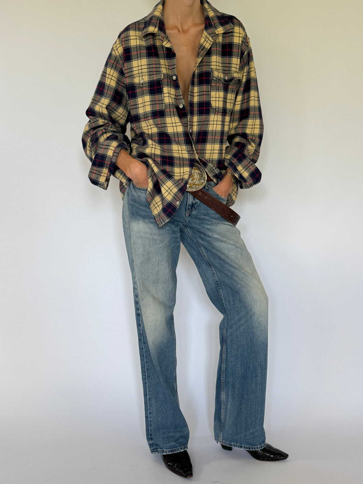 Vintage yellow plaid flannel shirt front view with oversized silhouette