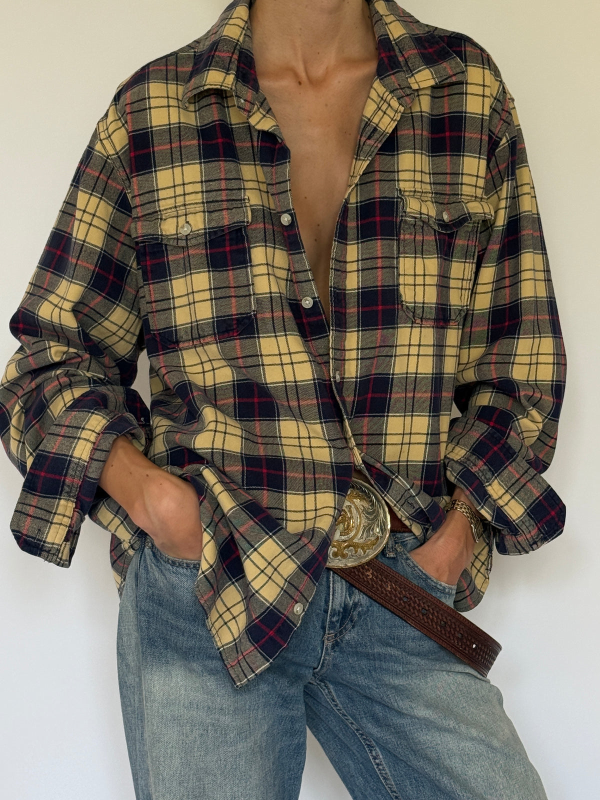 Vintage yellow plaid flannel shirt front view with oversized silhouette