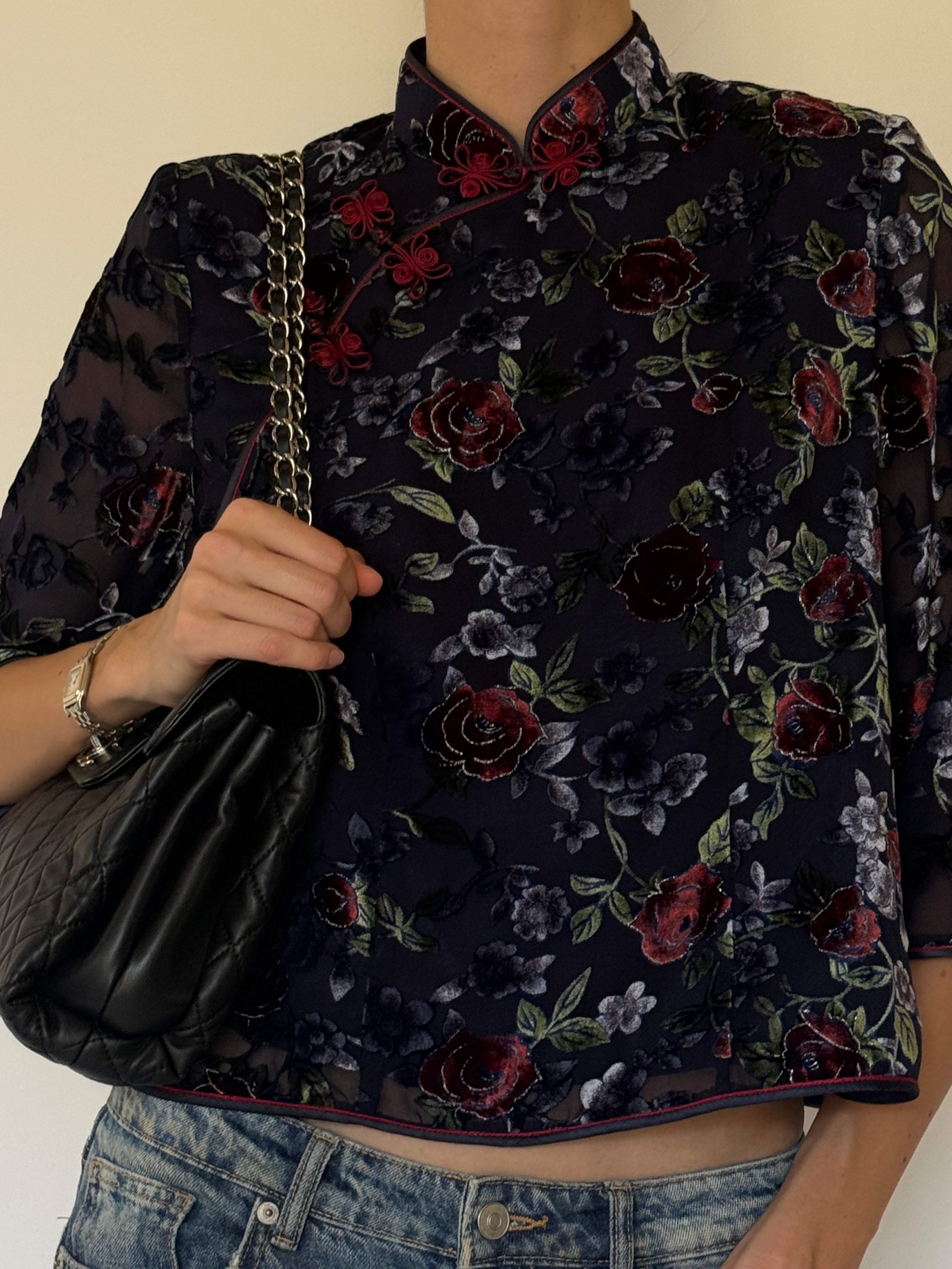 Vintage sheer velvet floral Chinese-inspired top front view