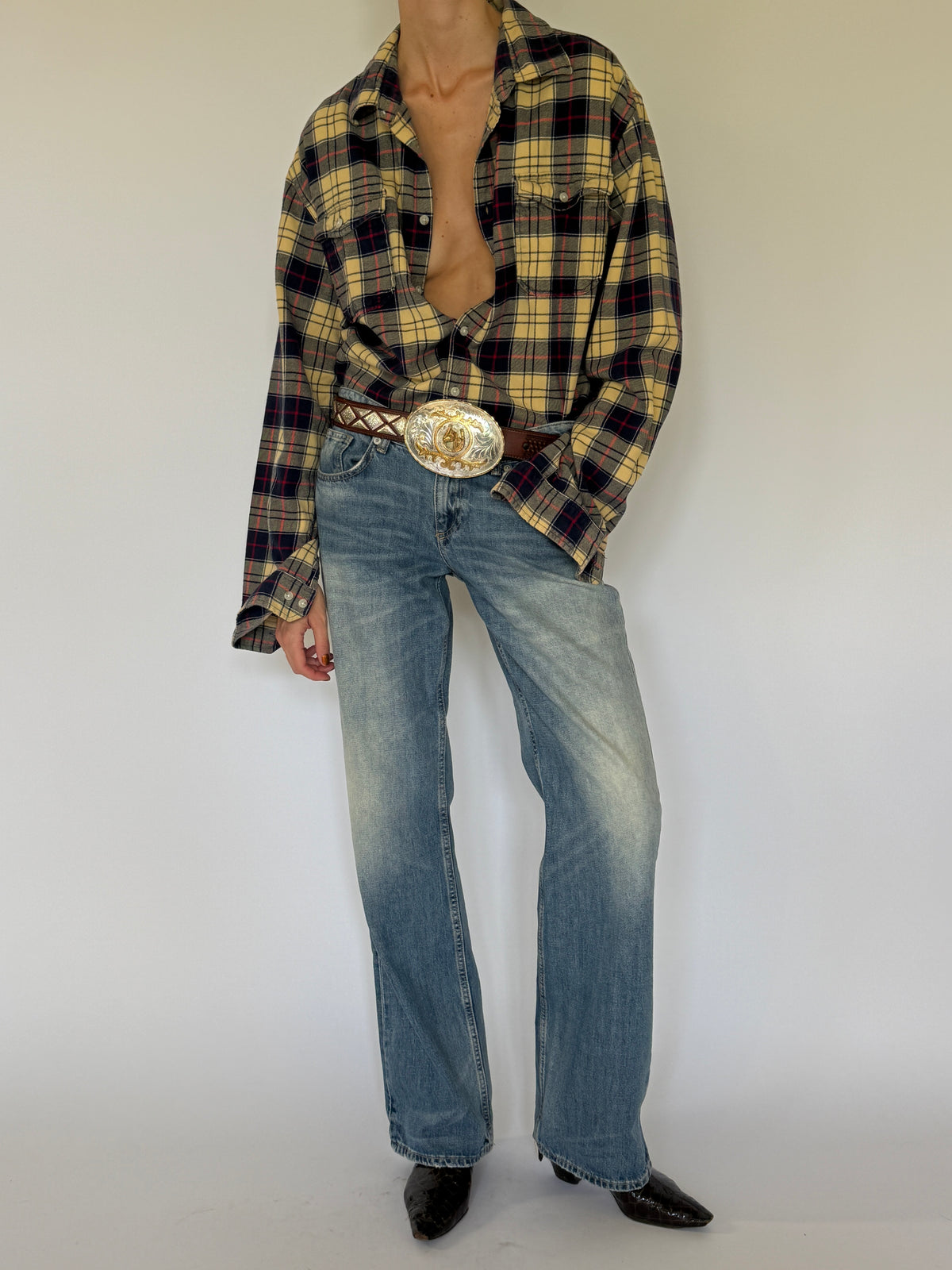Vintage yellow plaid flannel shirt front view with oversized silhouette