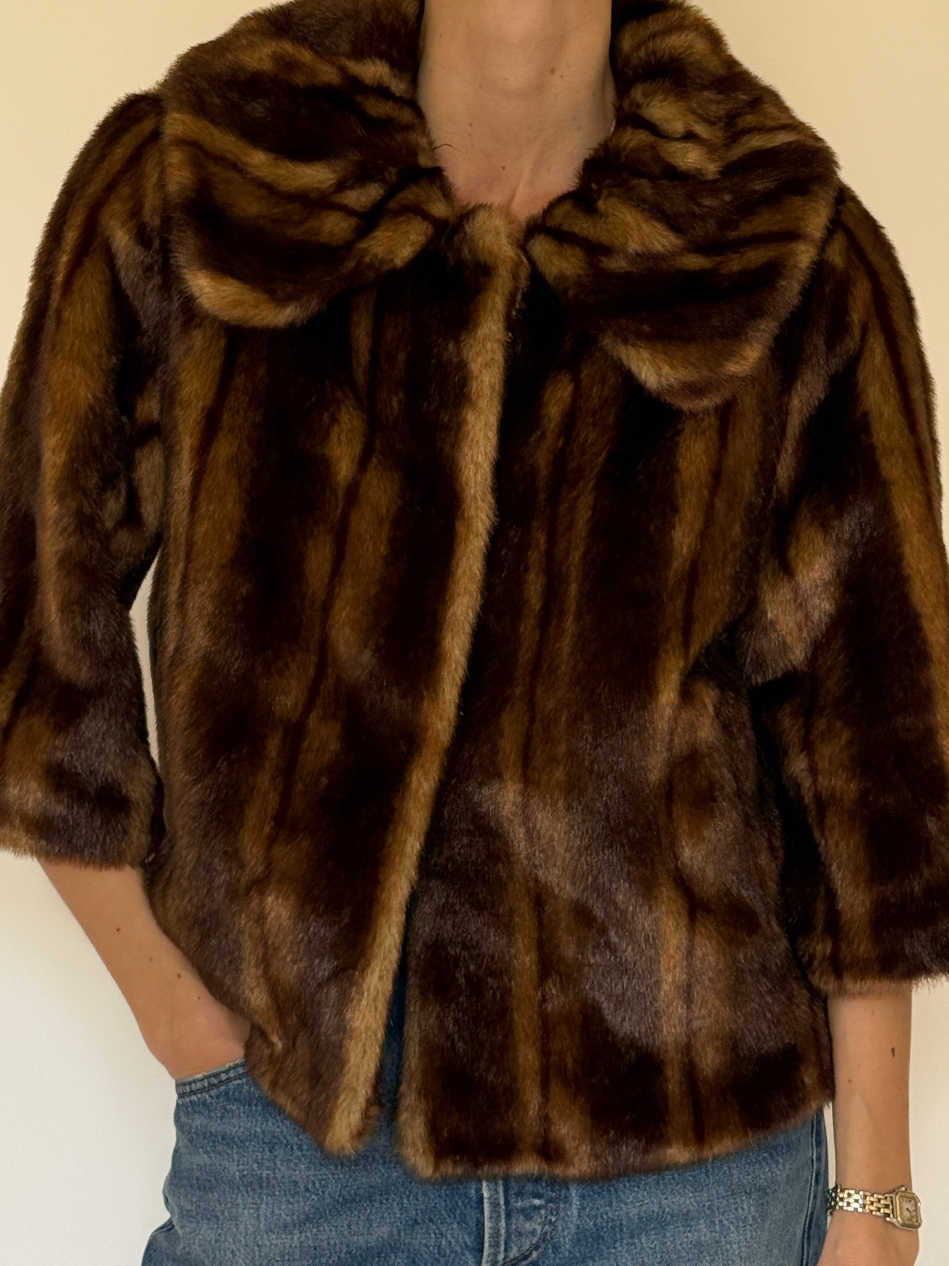 Vintage brown faux fur jacket front view
