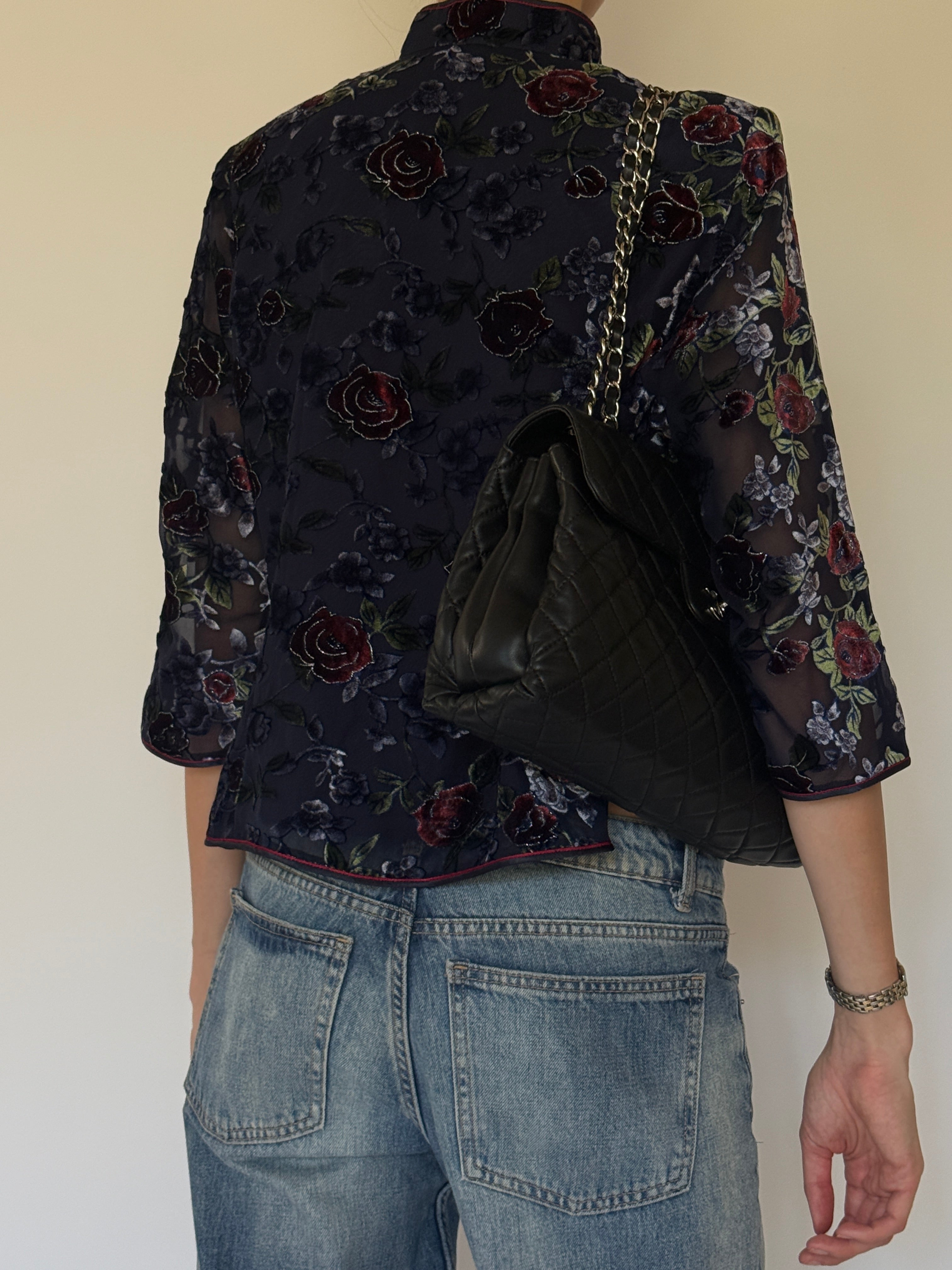 Vintage sheer velvet floral Chinese-inspired top back view