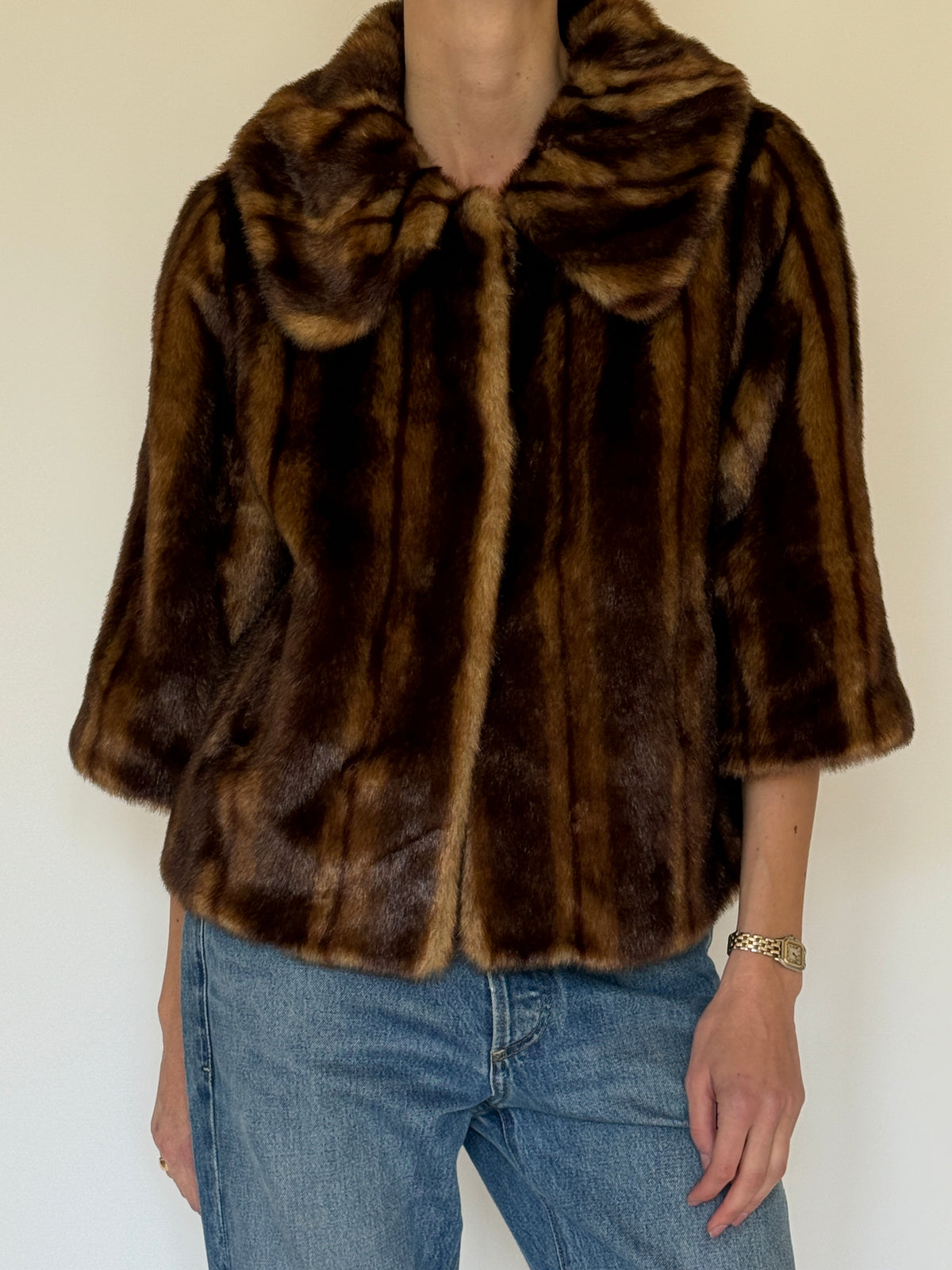 Vintage brown faux fur jacket front view