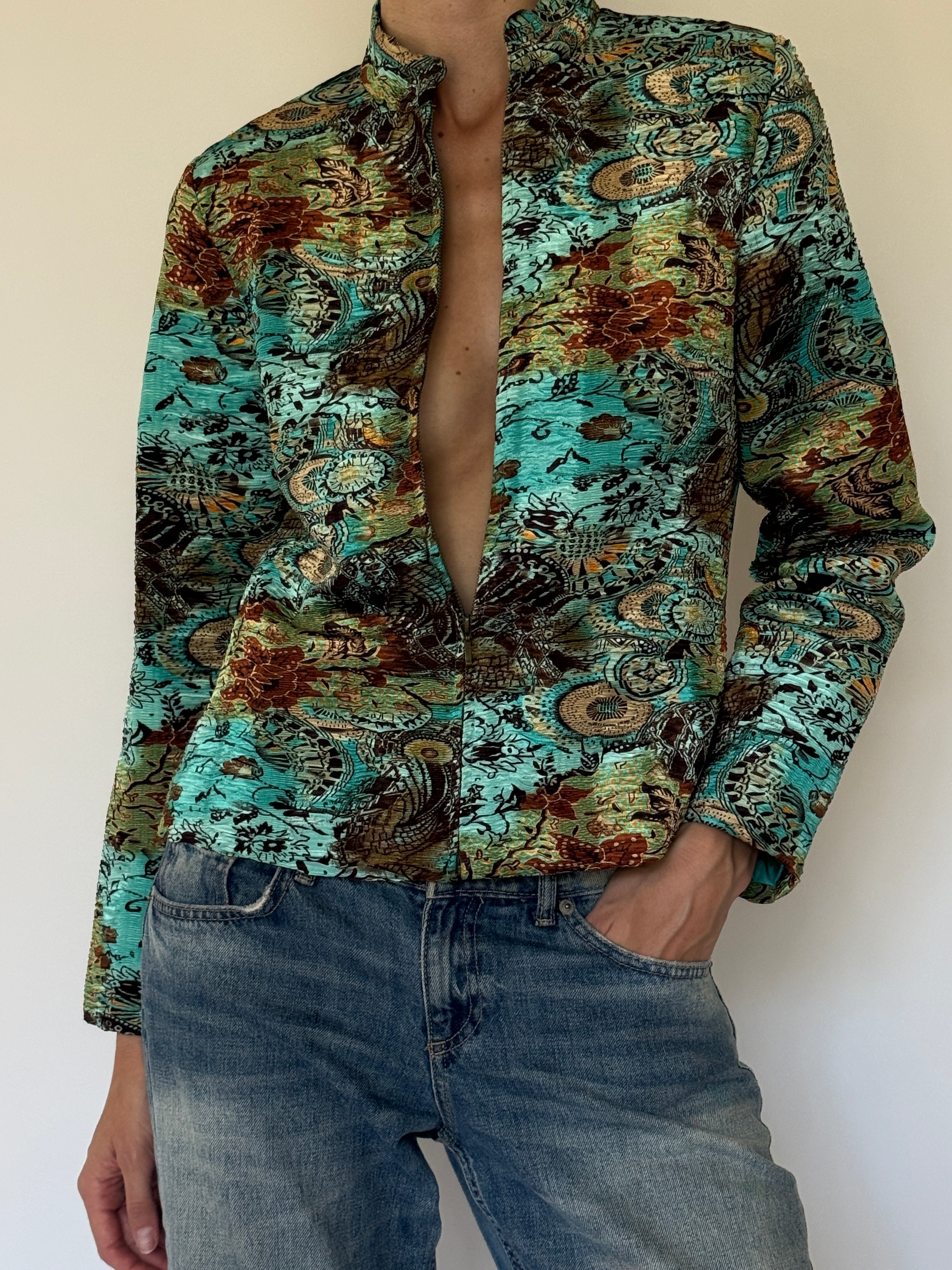 Vintage turquoise brocade lightweight jacket front view