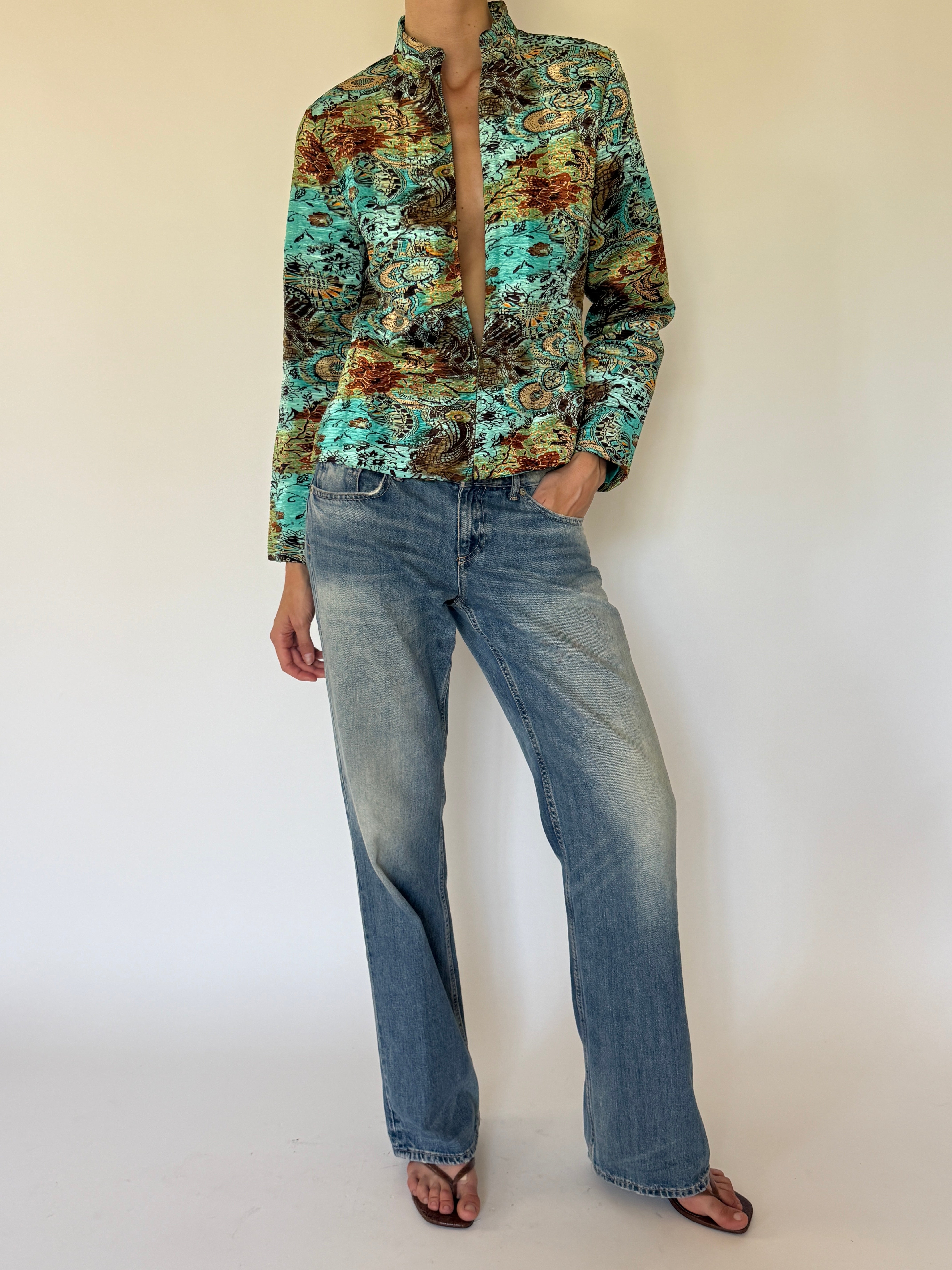 Vintage turquoise brocade lightweight jacket front view