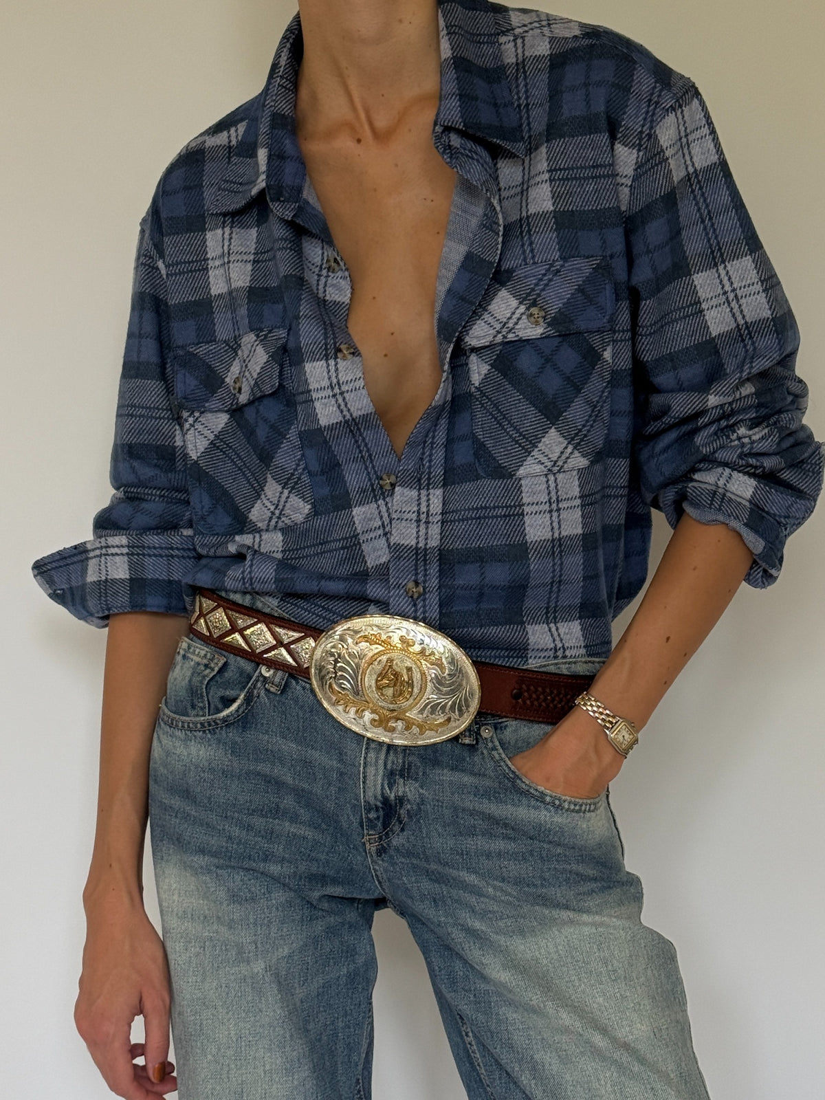 Vintage blue plaid shirt front view
