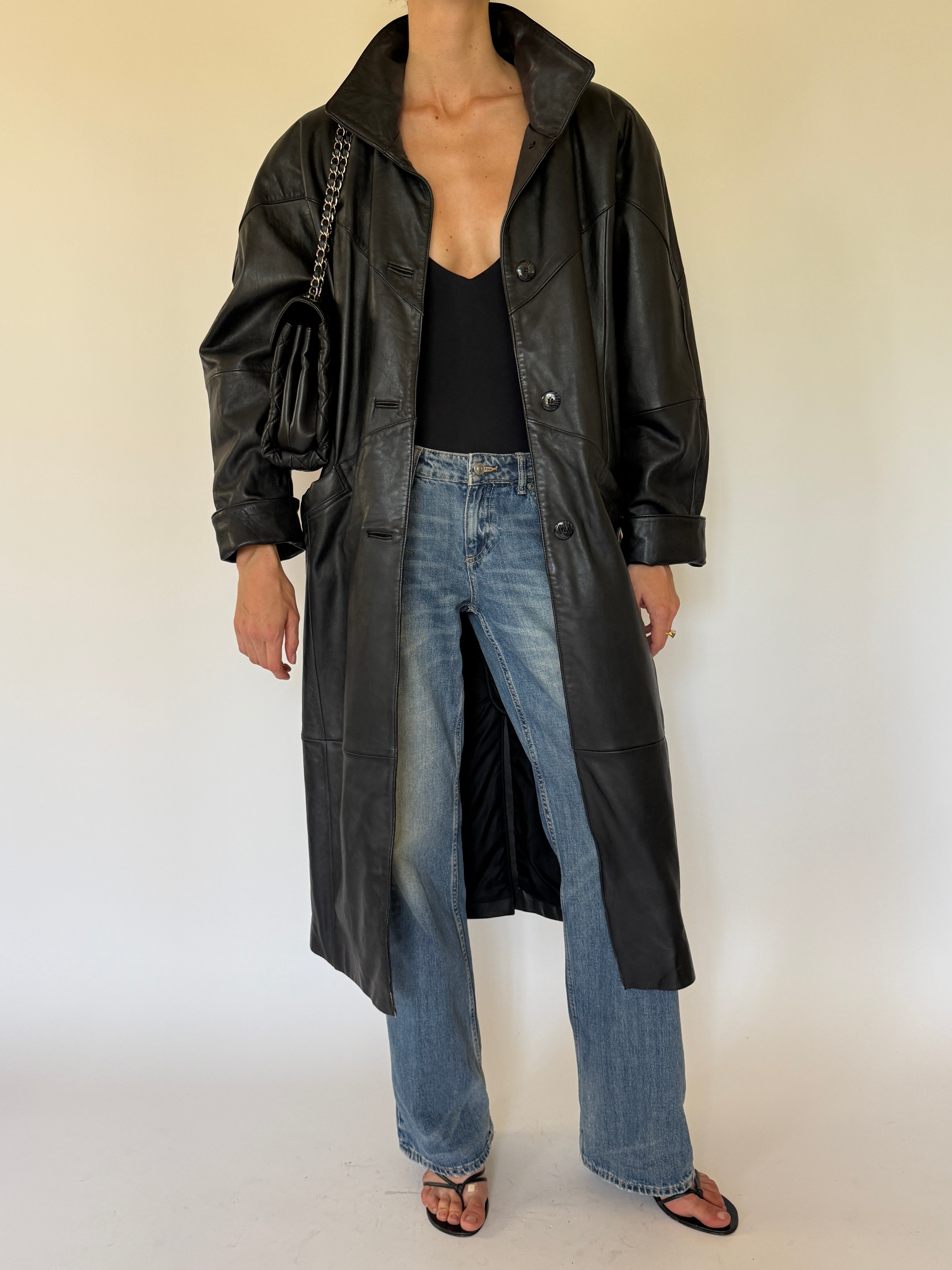 Vintage black leather coat front view