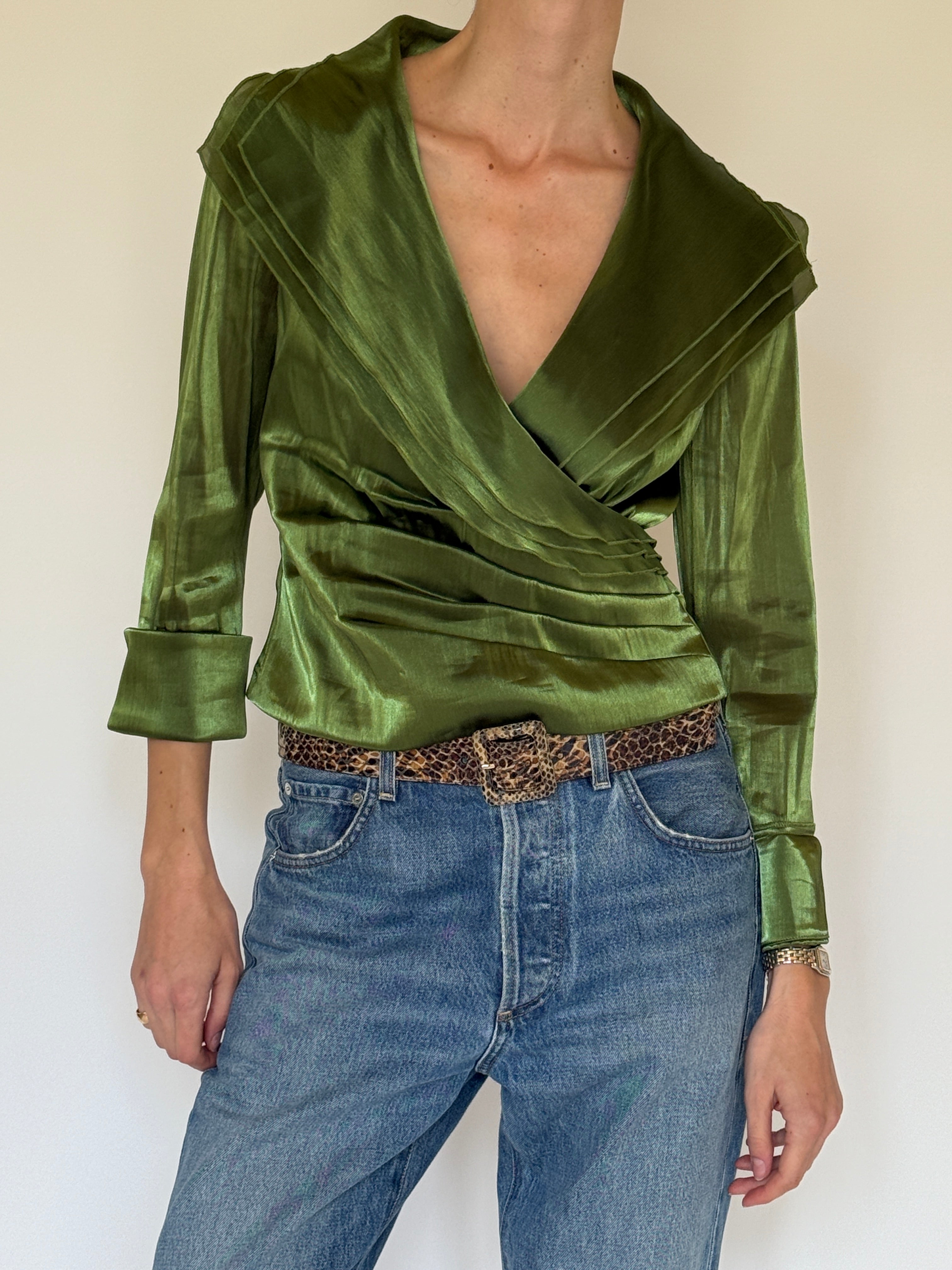 Vintage green satin wrap blouse front view