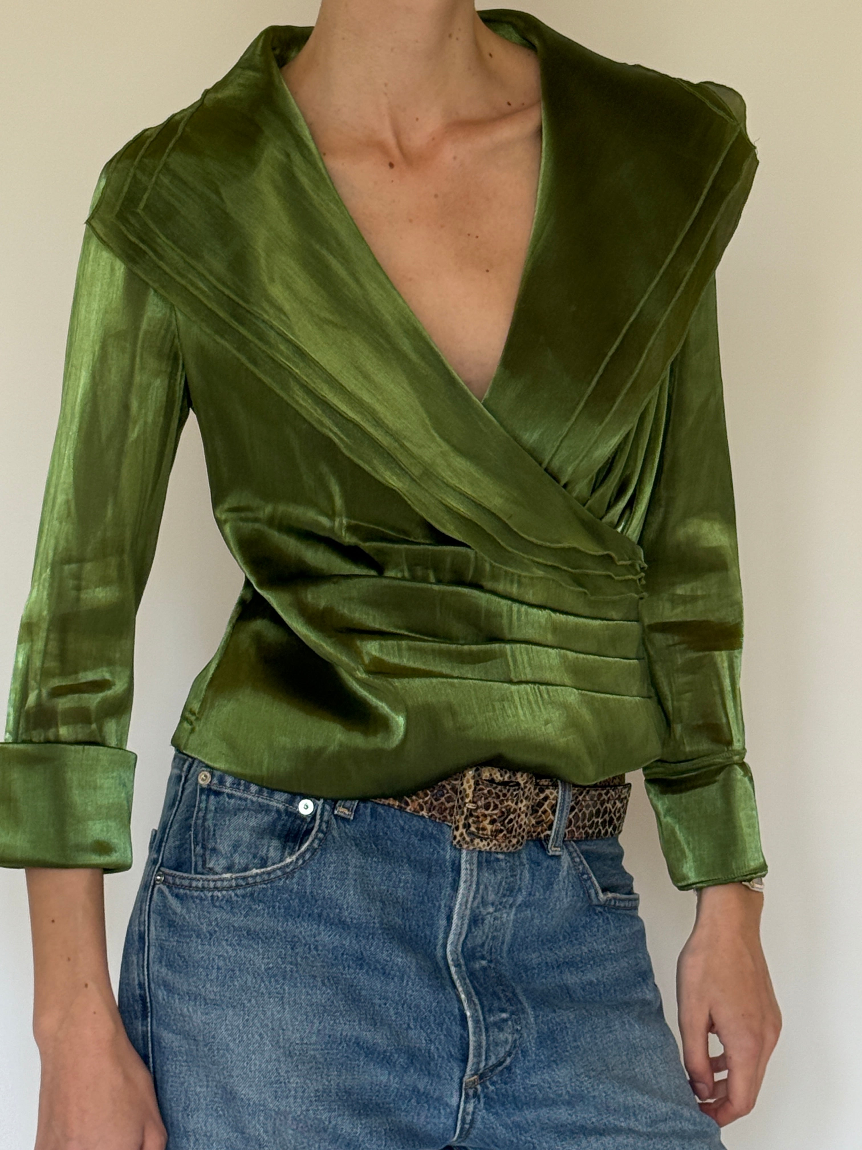 Vintage green draped blouse side angle