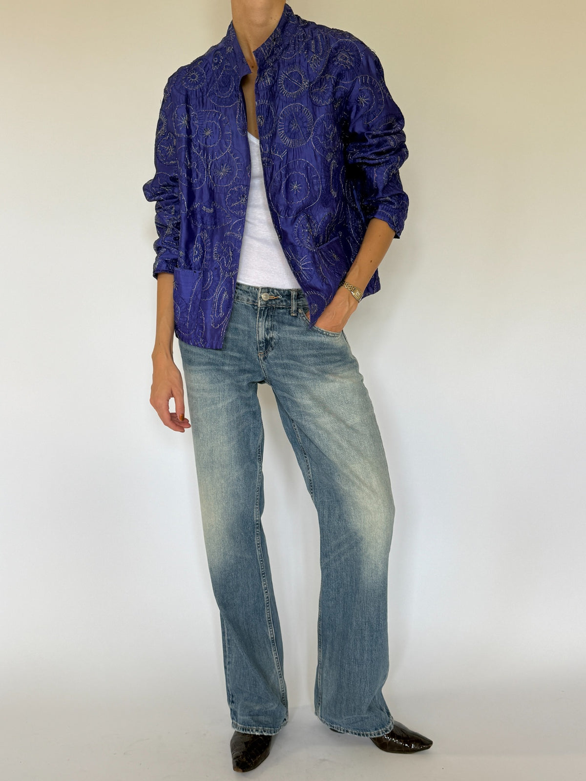 Vintage purple silk embroidered open-front jacket full front view