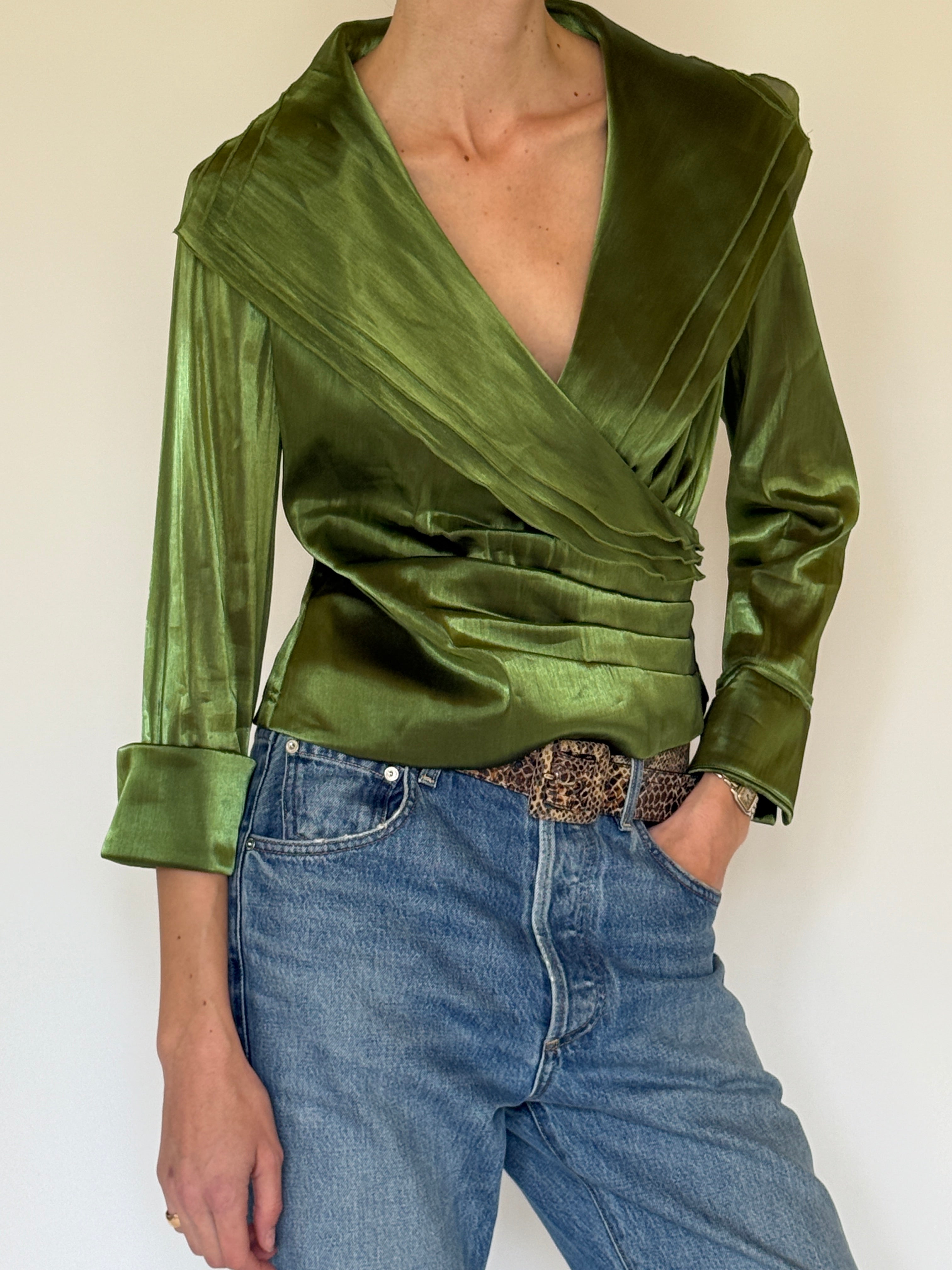 Vintage green draped blouse side angle