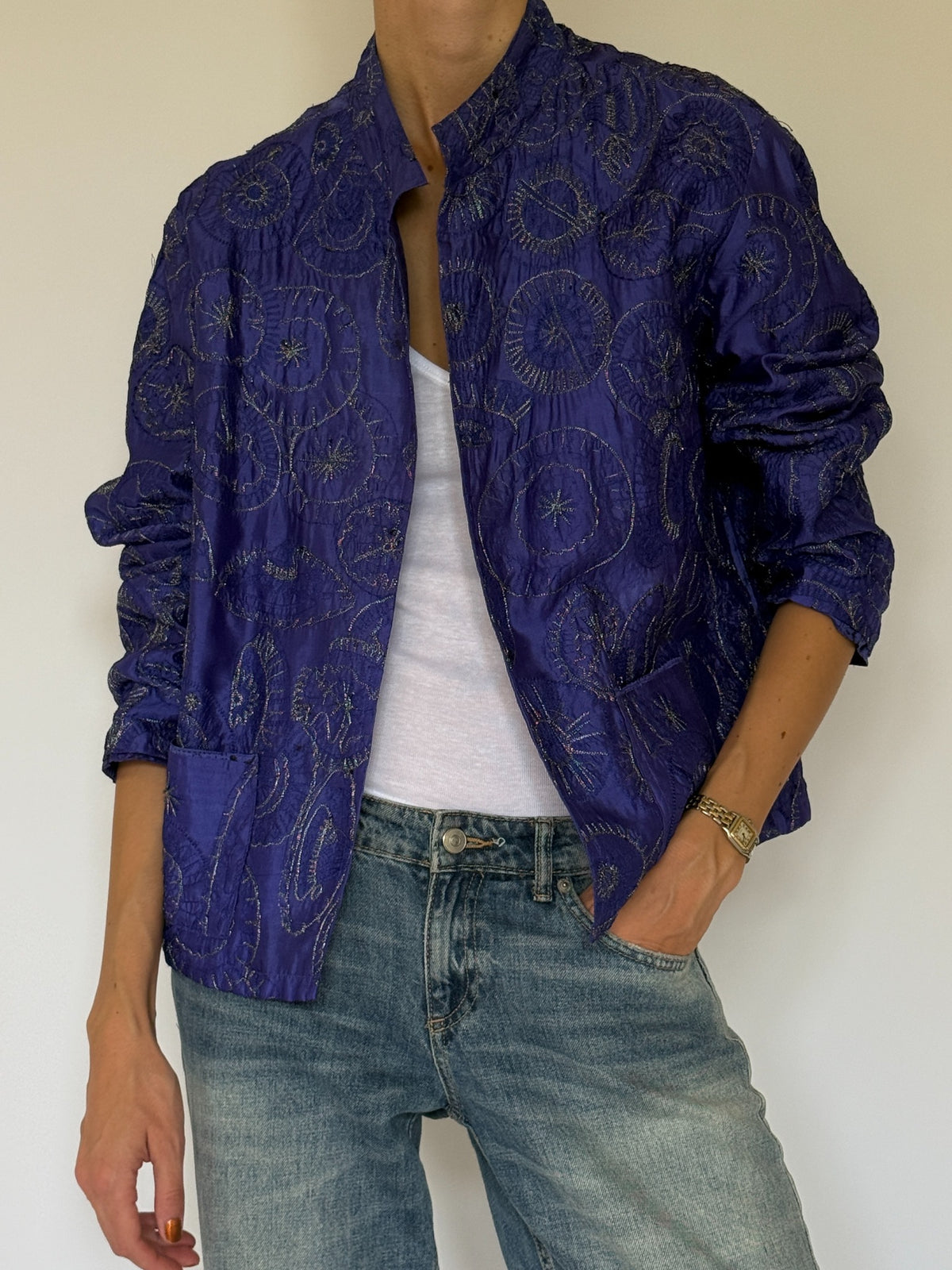 Vintage purple silk embroidered open-front jacket front view