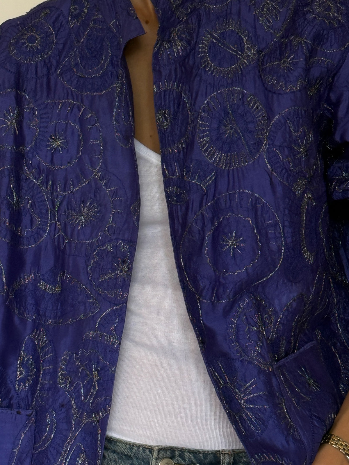 Vintage purple silk embroidered jacket floral embroidery close-up