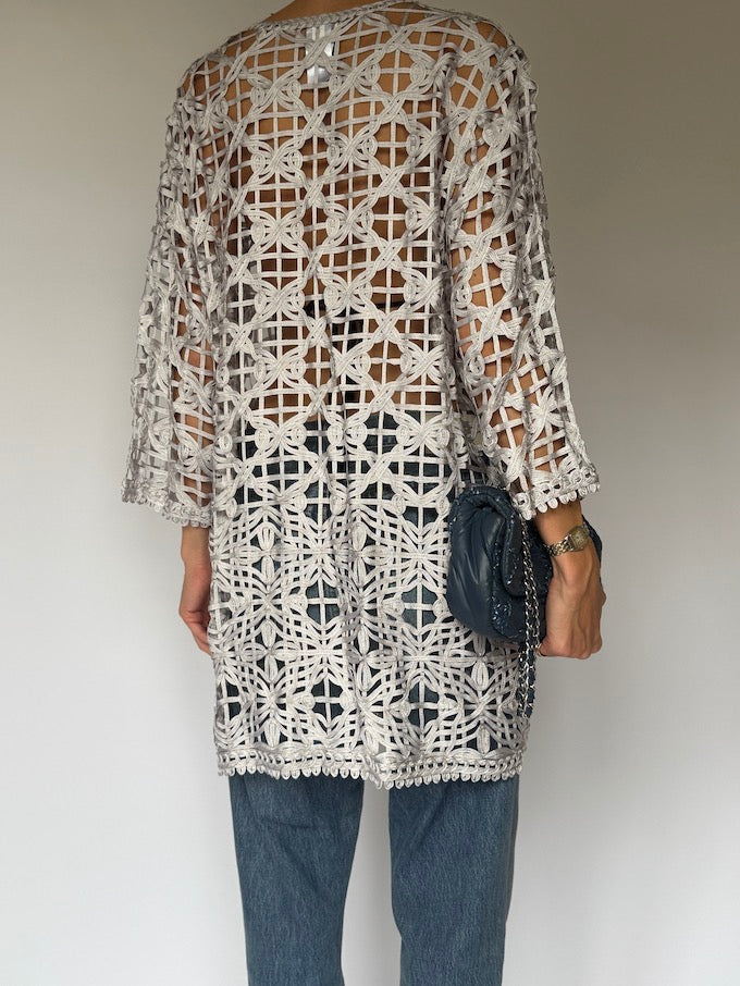 Vintage Crochet Lace Cardigan Silver 6500