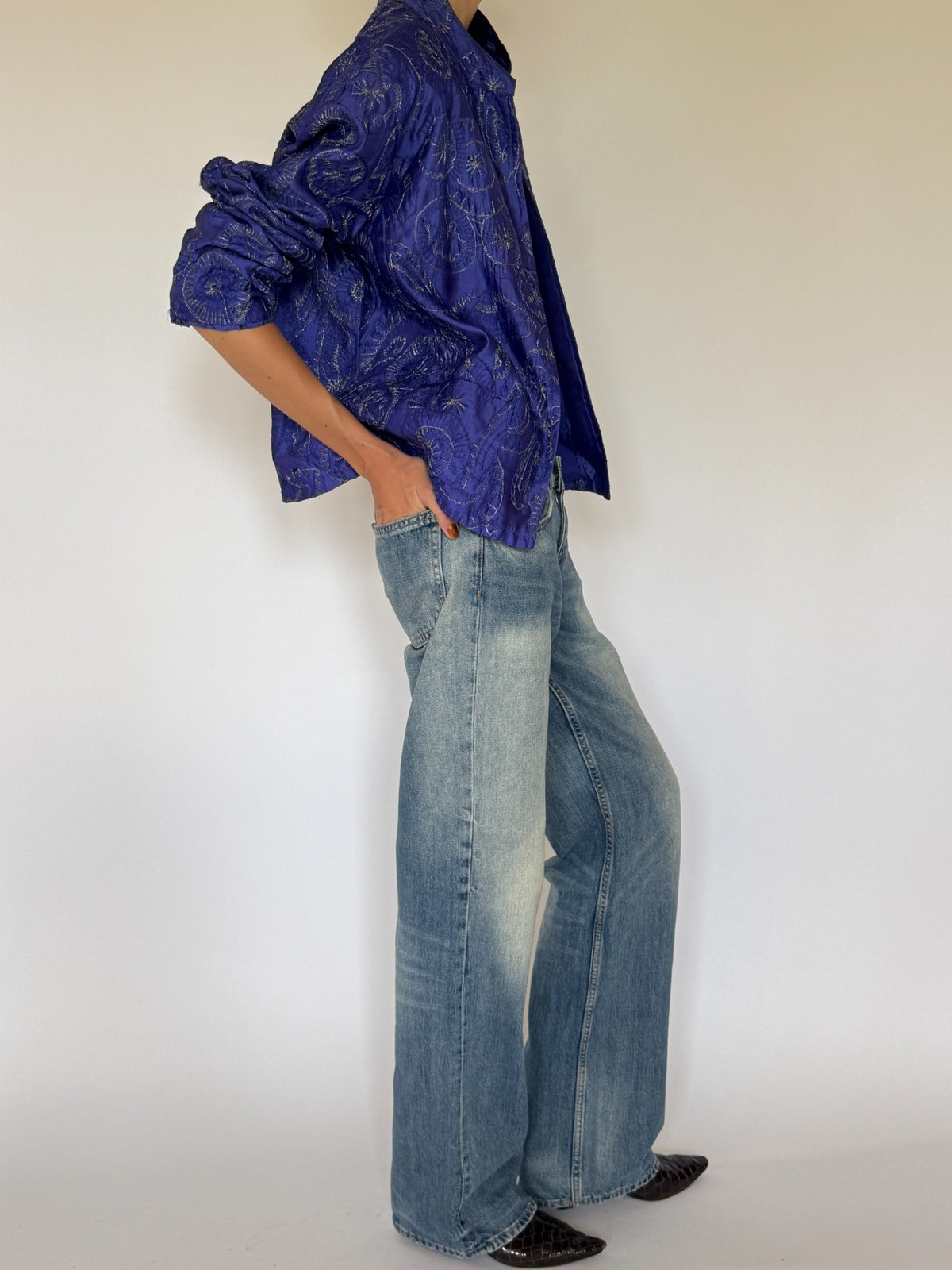 Vintage purple silk embroidered open-front jacket side view