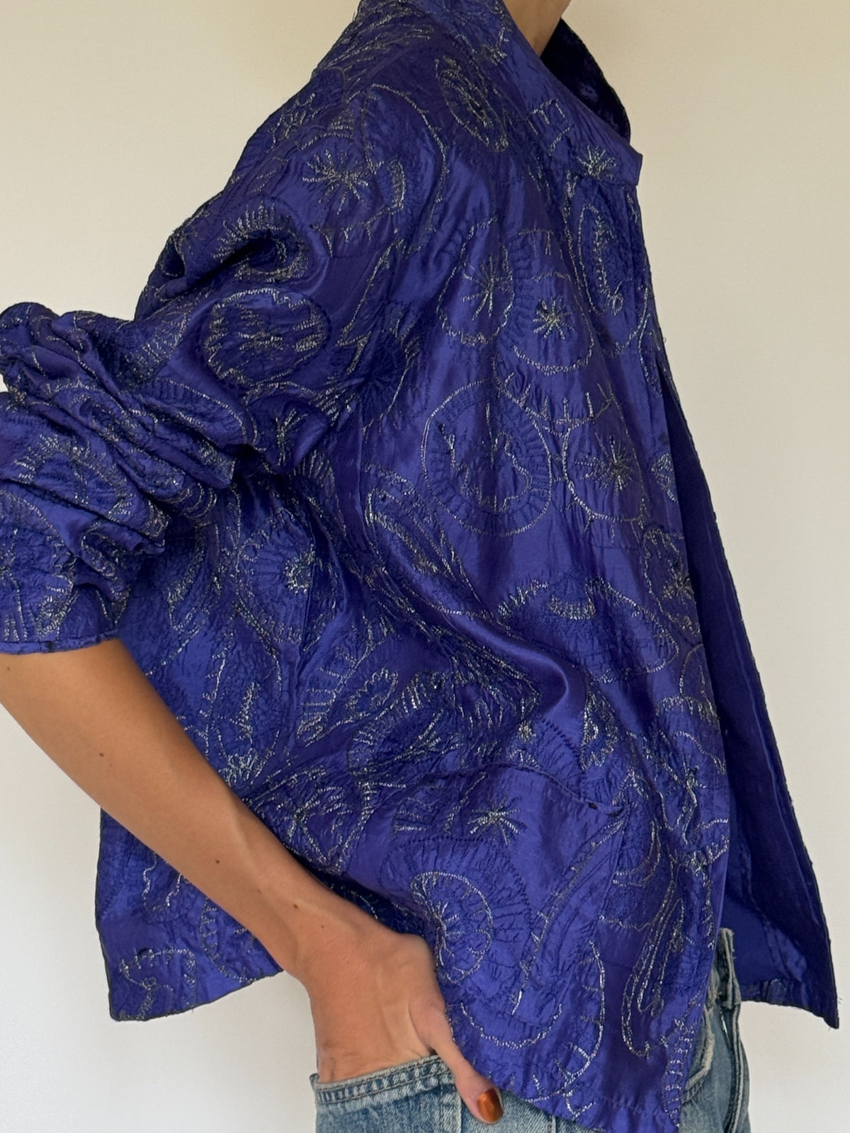 Vintage purple silk embroidered jacket back embroidery detail