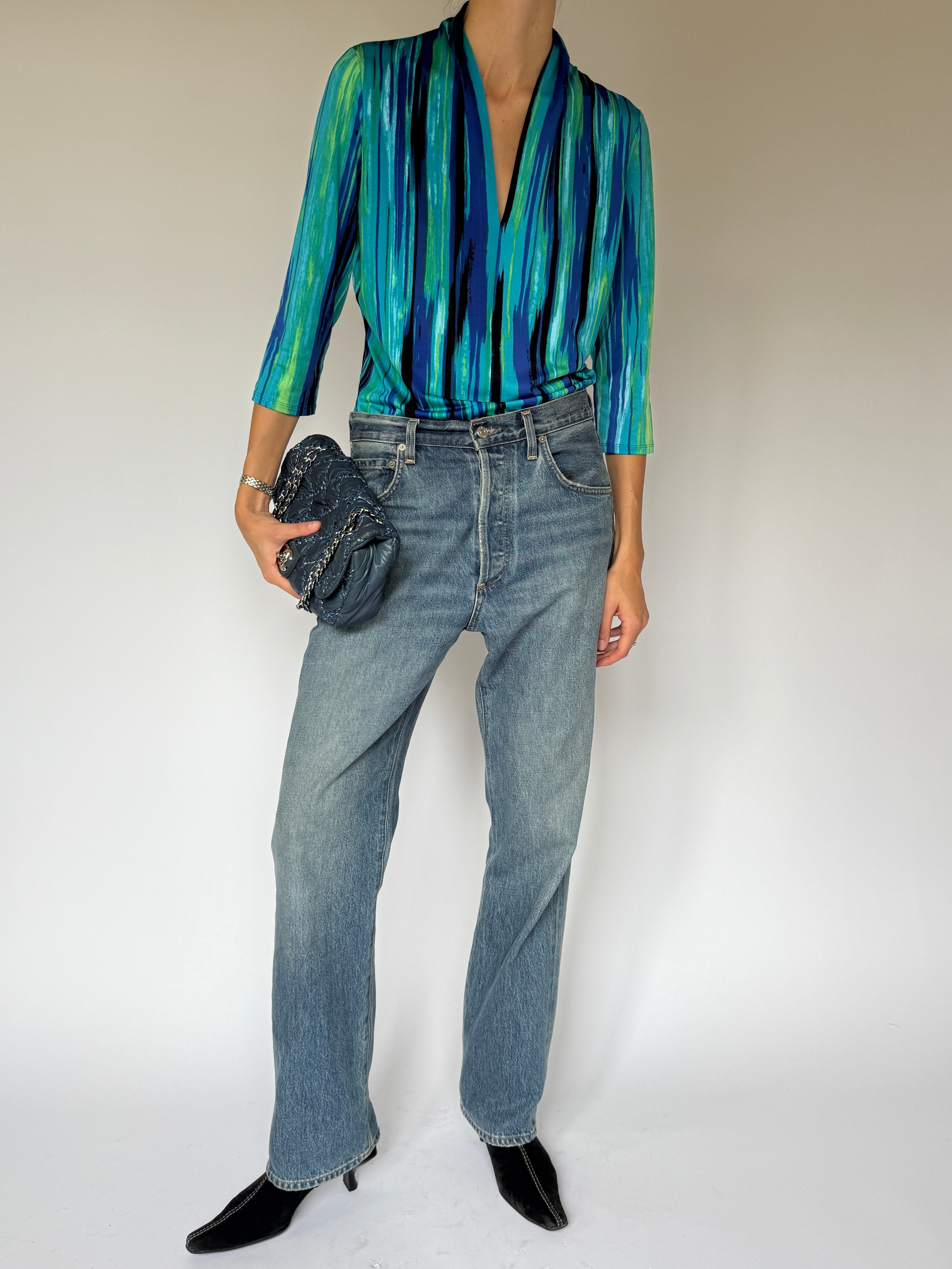 Vintage Abstract Stripe Top Blue  6505