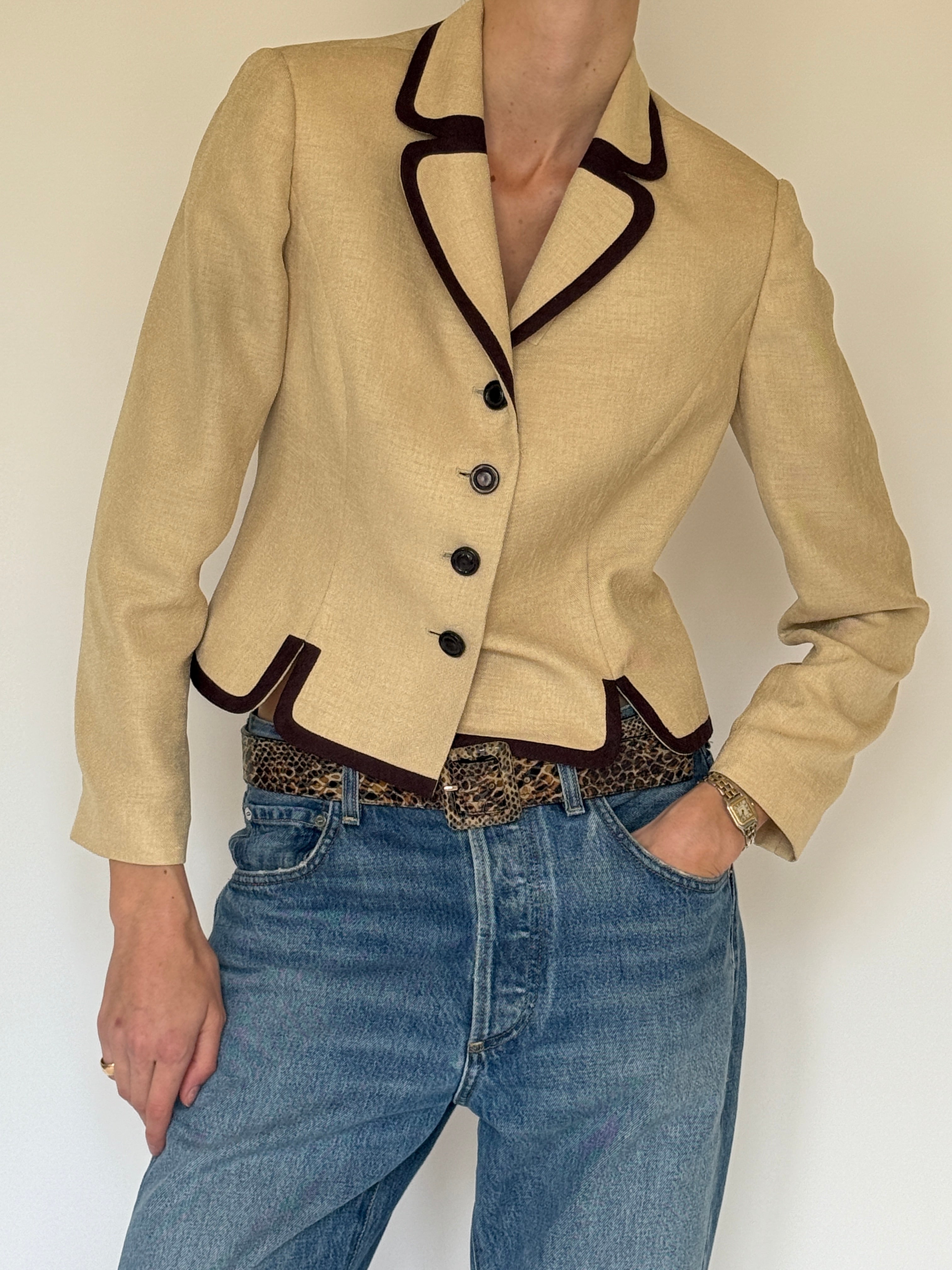 Vintage structured beige blazer with dark brown trim front view