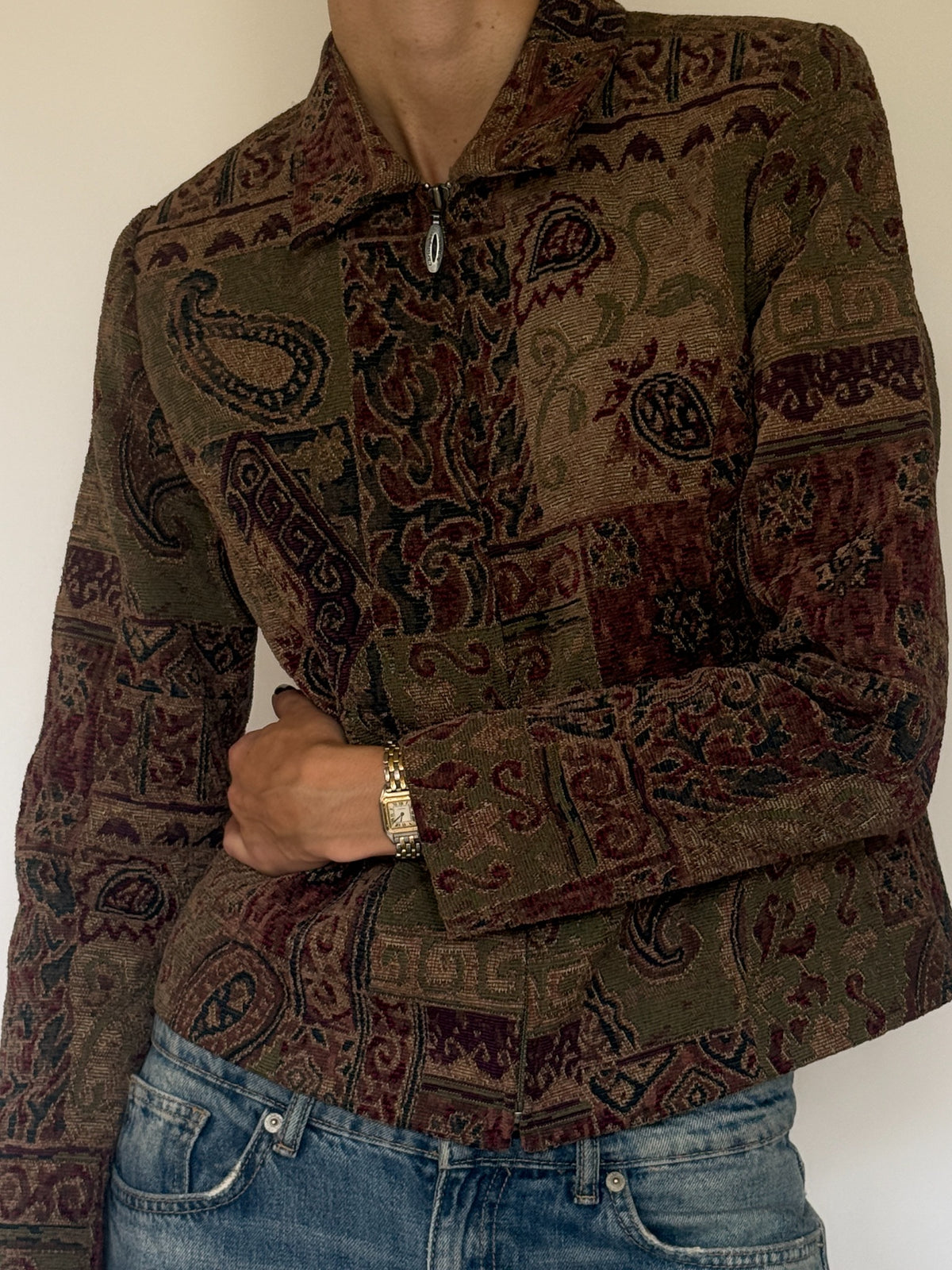 Vintage tapestry paisley zip jacket front view