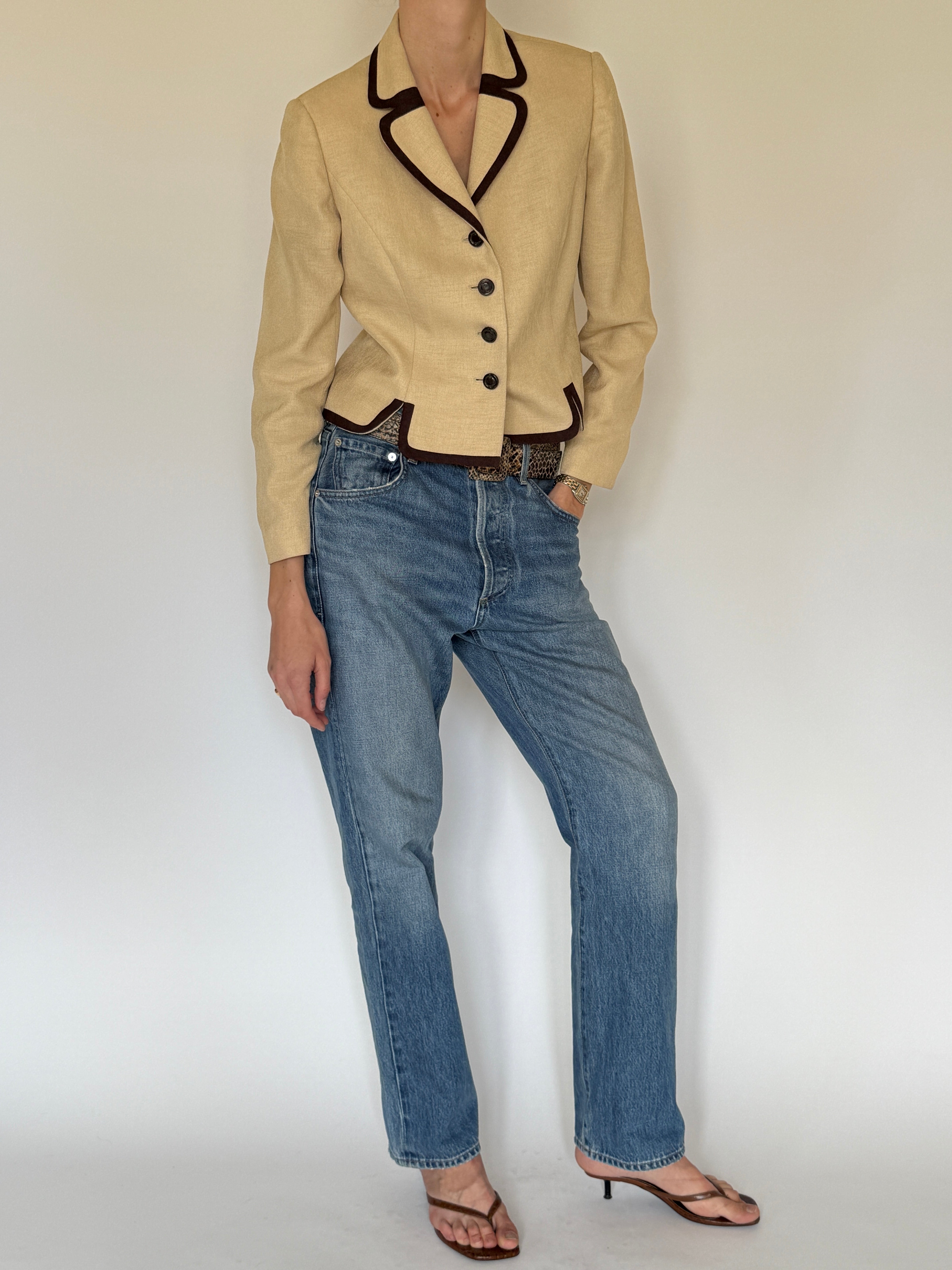 Vintage beige contrast trim blazer side angle view