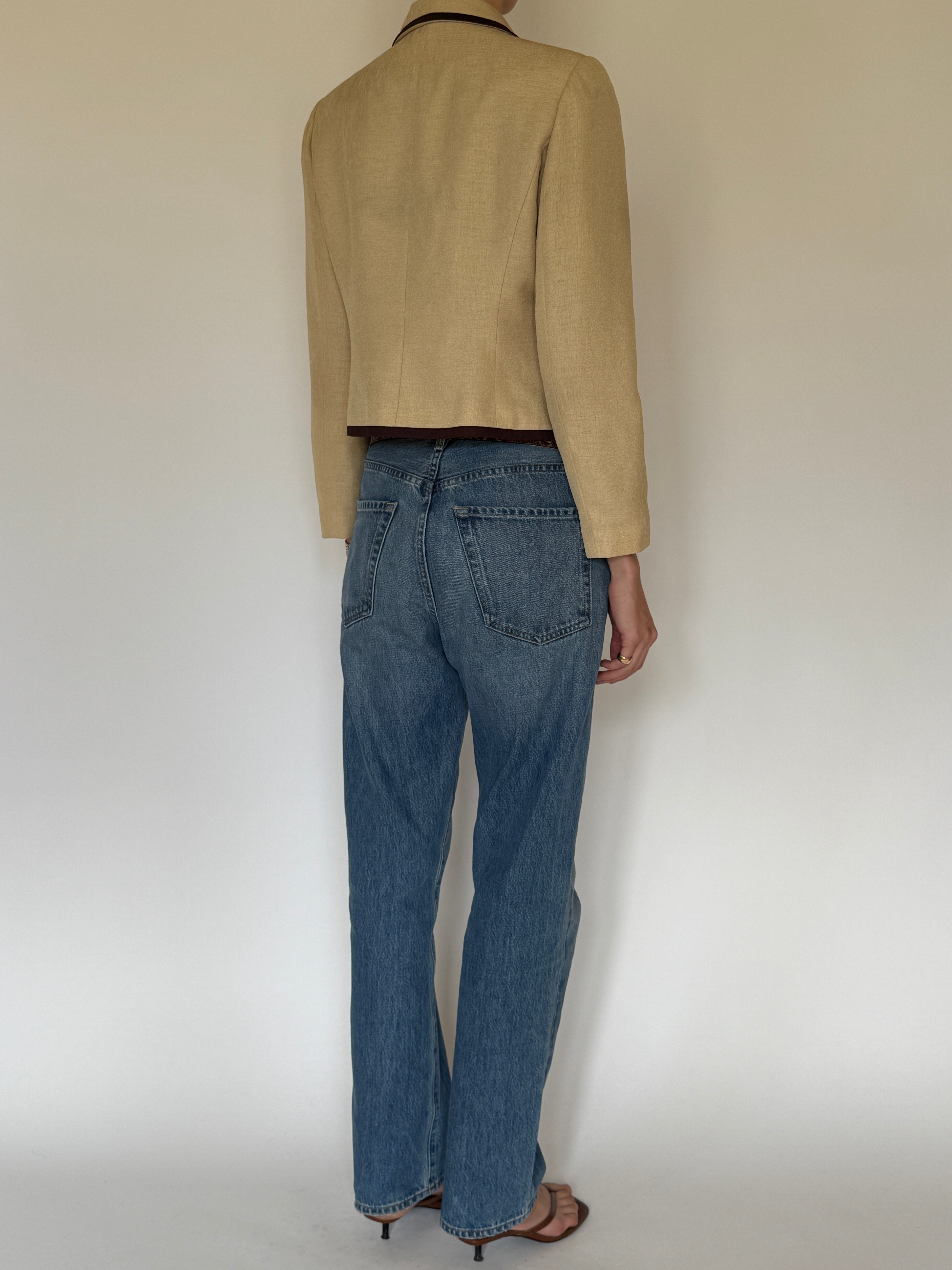 Vintage cropped structured blazer with dark brown piping back view