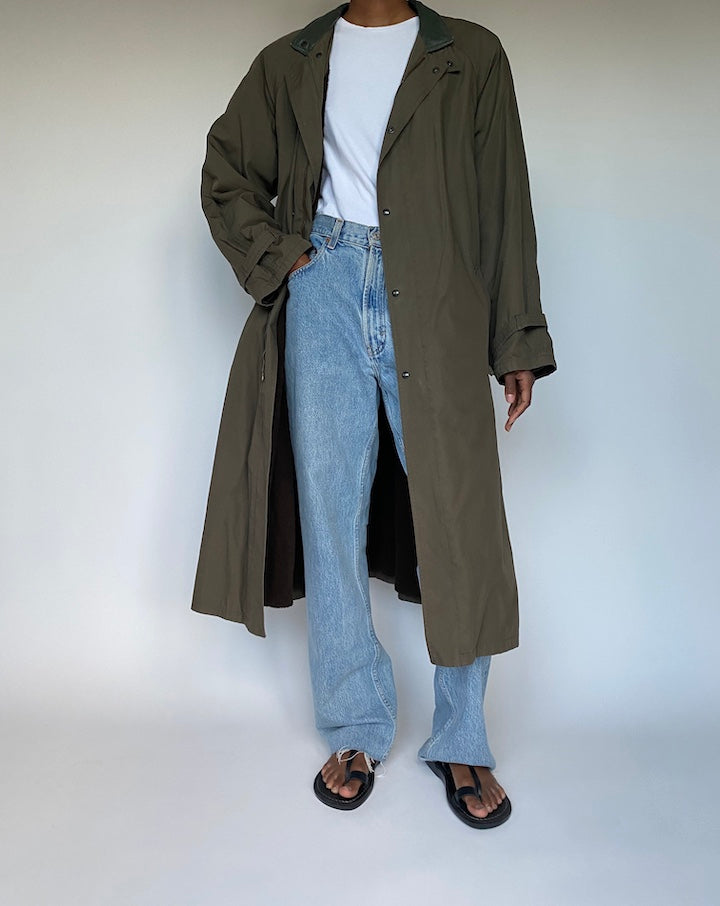 VINTAGE LONG DARK GREEN TRENCH COAT 3598